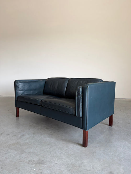 Vintage Navy Leather 2 Seat Sofa by Borge Mogensen