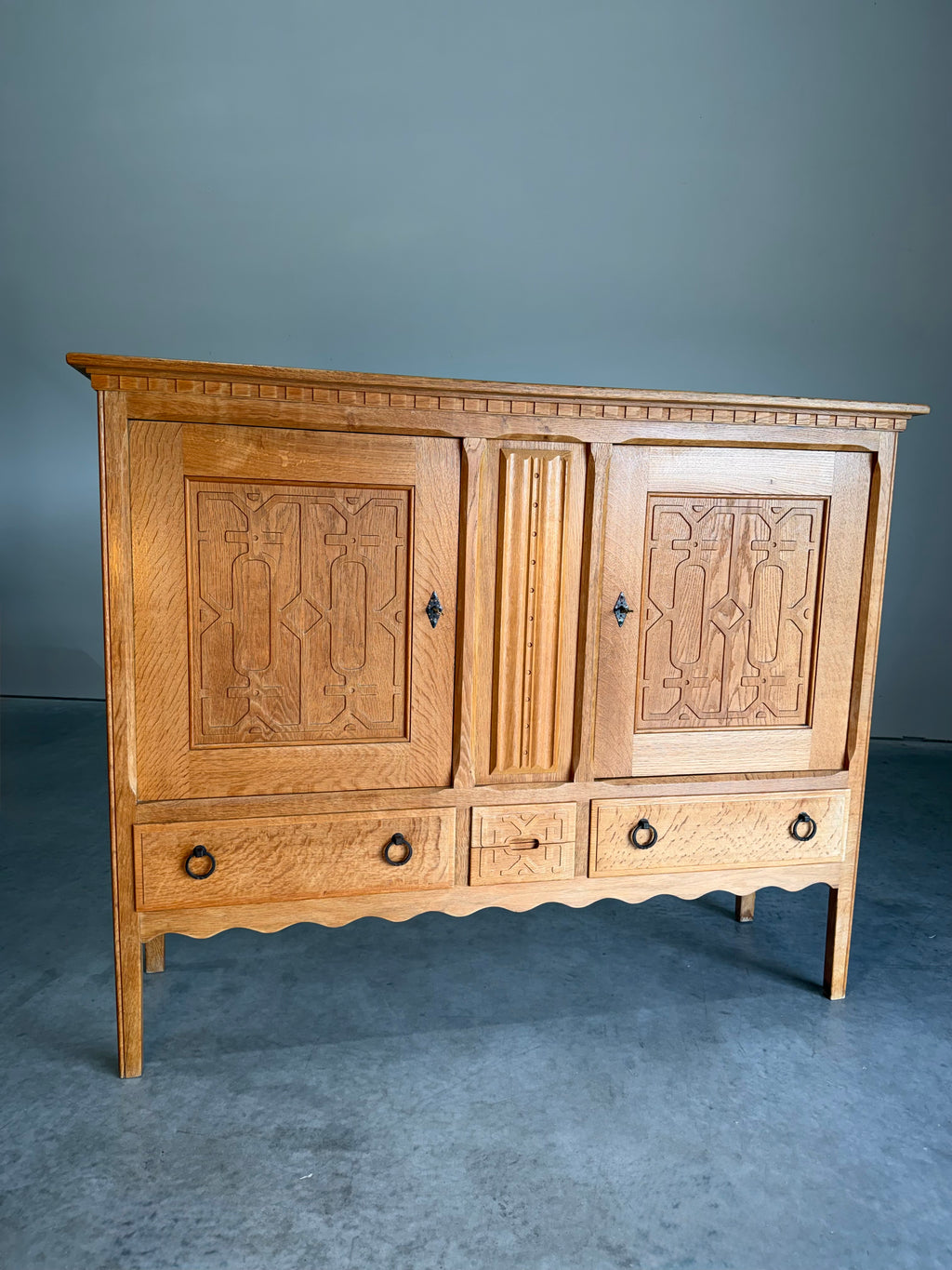 Mid Century Danish Oak Henning Kjaernulf Style Carved Front Tall Sideboard