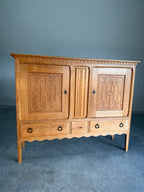 Mid Century Danish Oak Henning Kjaernulf Style Carved Front Tall Sideboard