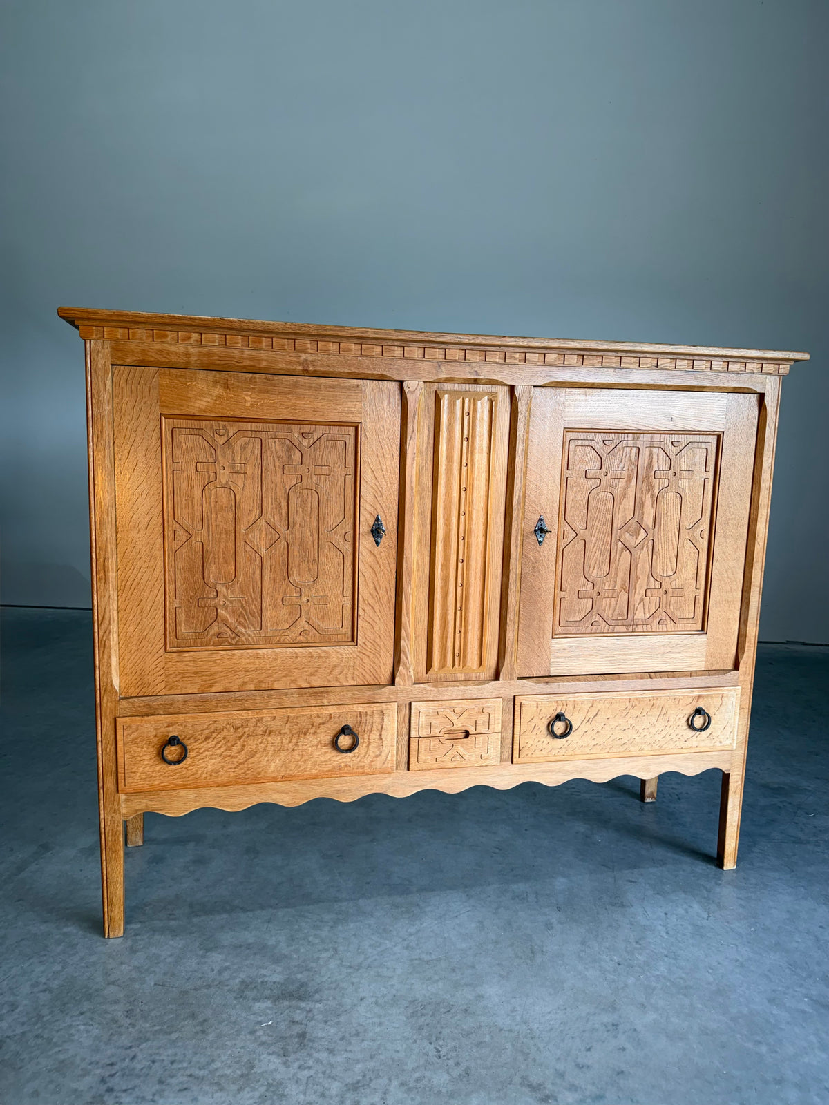 Mid Century Danish Oak Henning Kjaernulf Style Carved Front Tall Sideboard