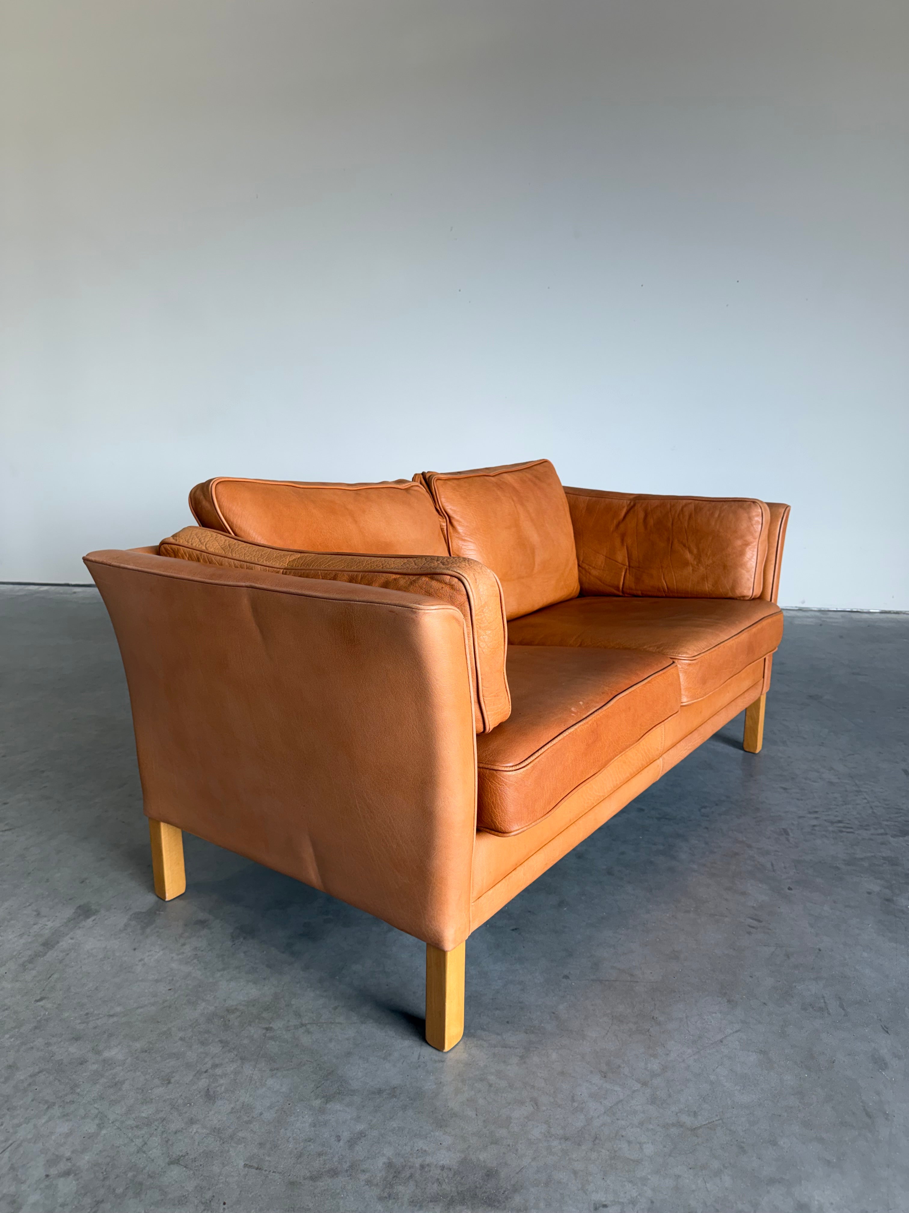 Vintage Mid Century Danish Caramel Leather Mogens Hansen Loveseat