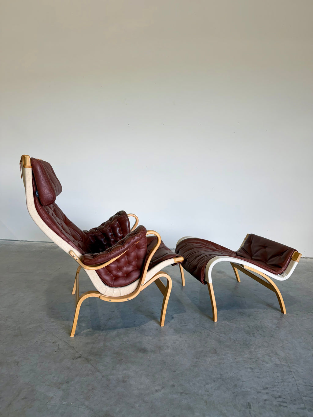 Bruno Mathsson for DUX Brown Leather Pernilla Lounge Chair and Ottoman