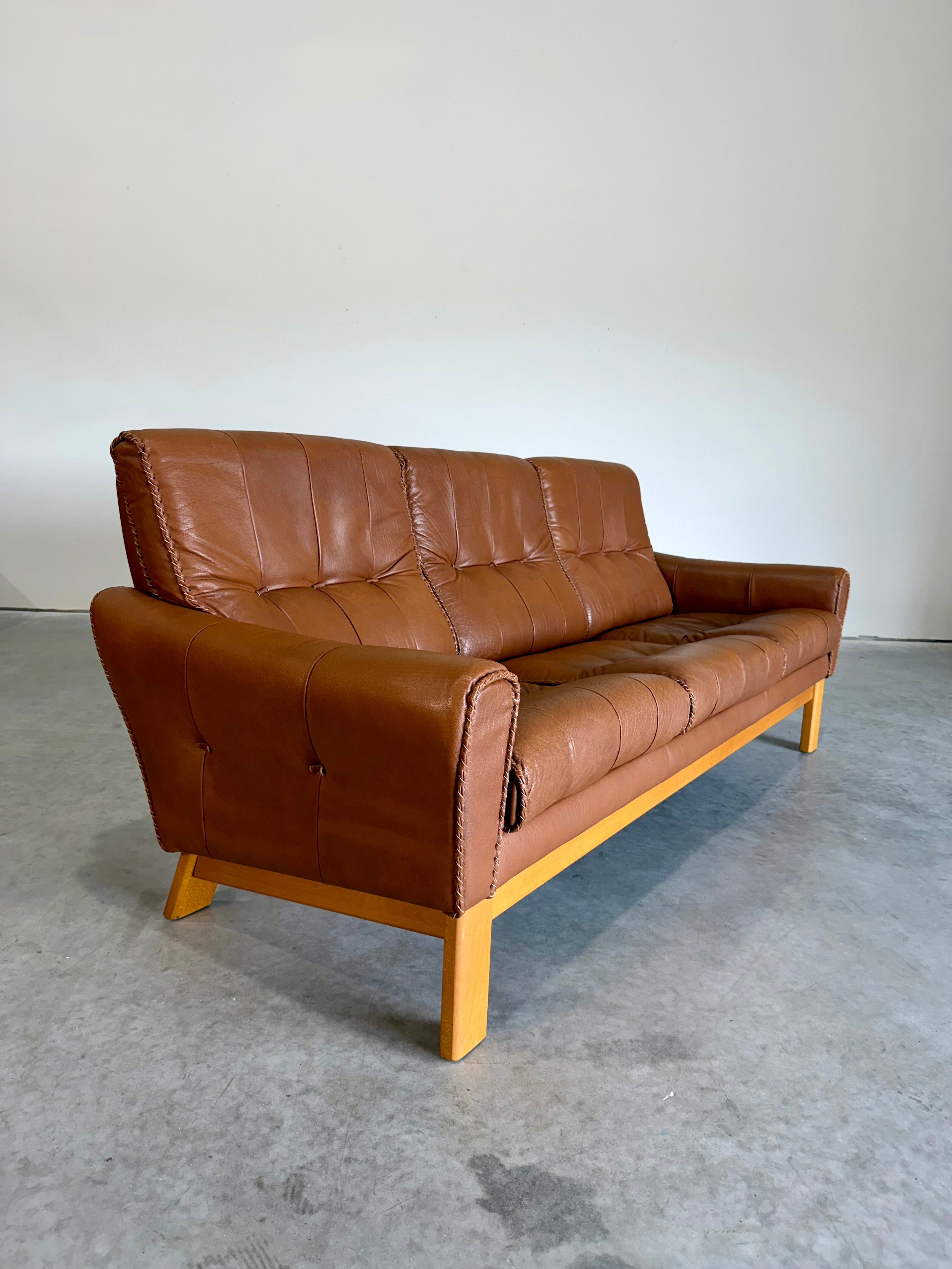 1970’s Danish Caramel Cowboy Leather and Beech 3 Seat Sofa