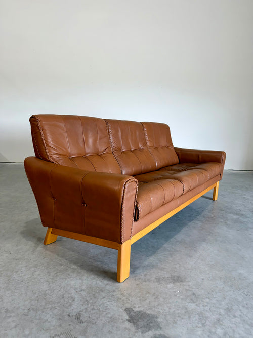 1970’s Danish Caramel Cowboy Leather and Beech 3 Seat Sofa