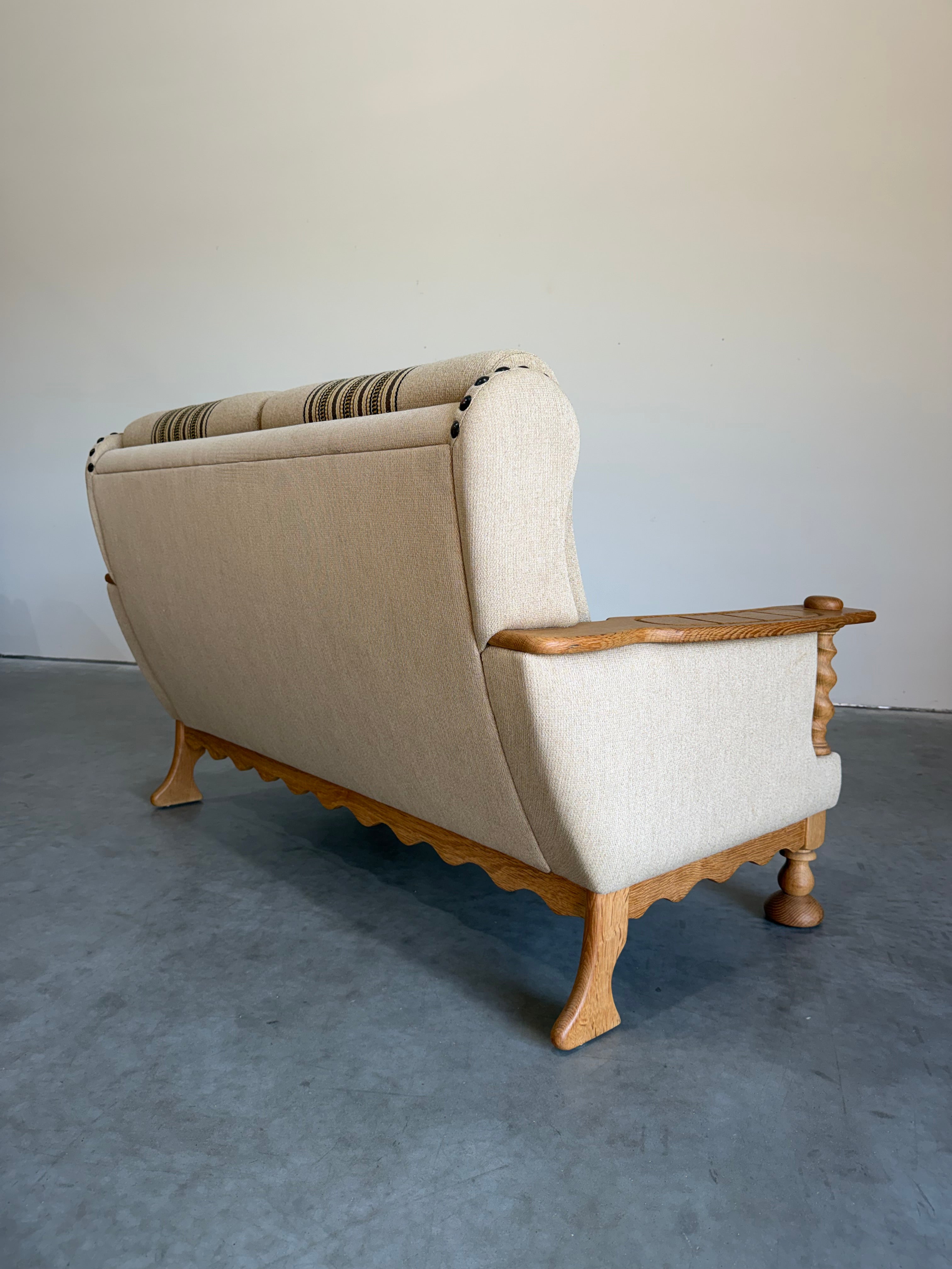 Vintage Henning Kjaernulf Style Danish Wool and Oak Loveseat