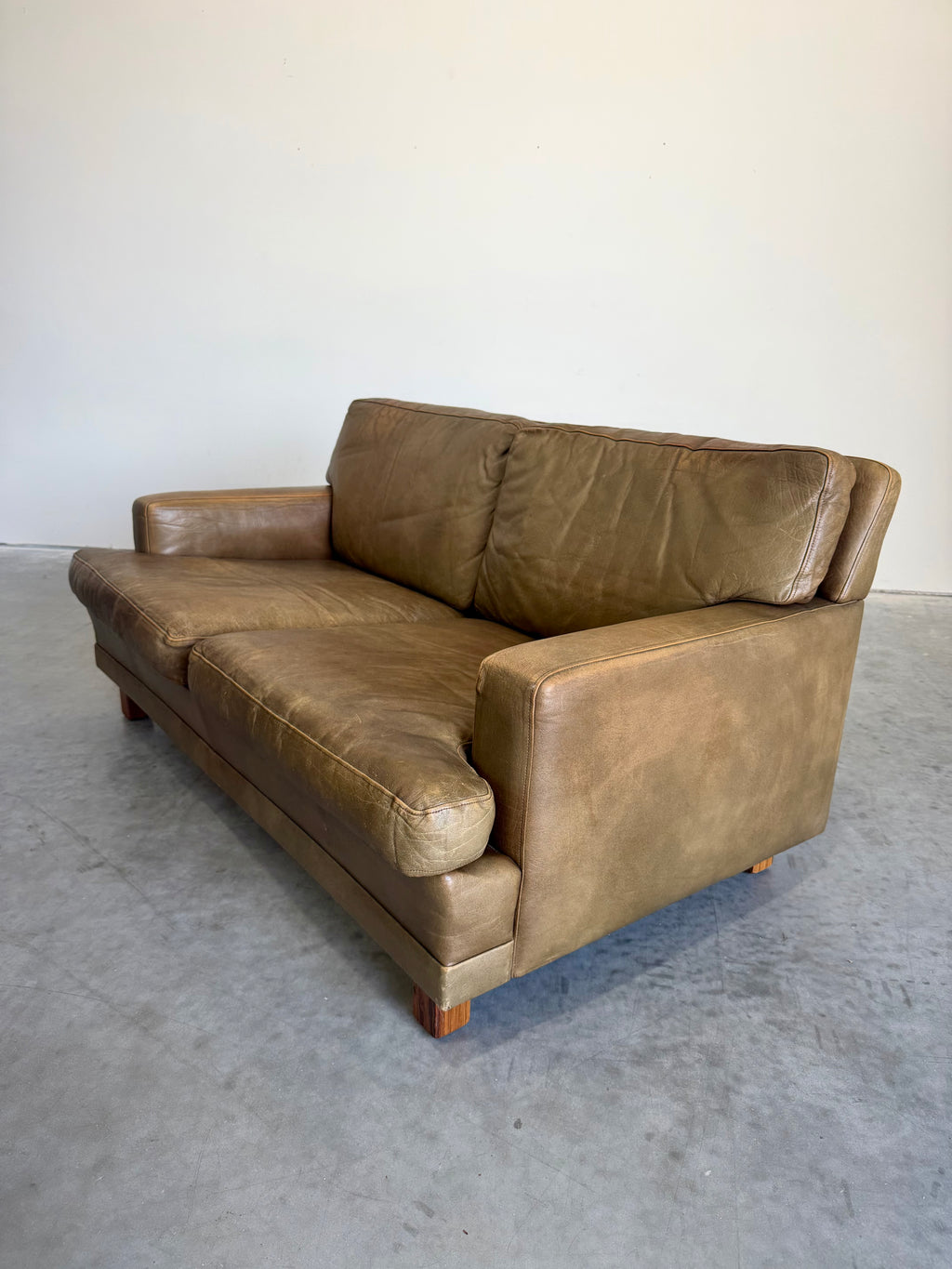 Mid Century Swedish Arne Norell Style Olive Leather and Rosewood Loveseat