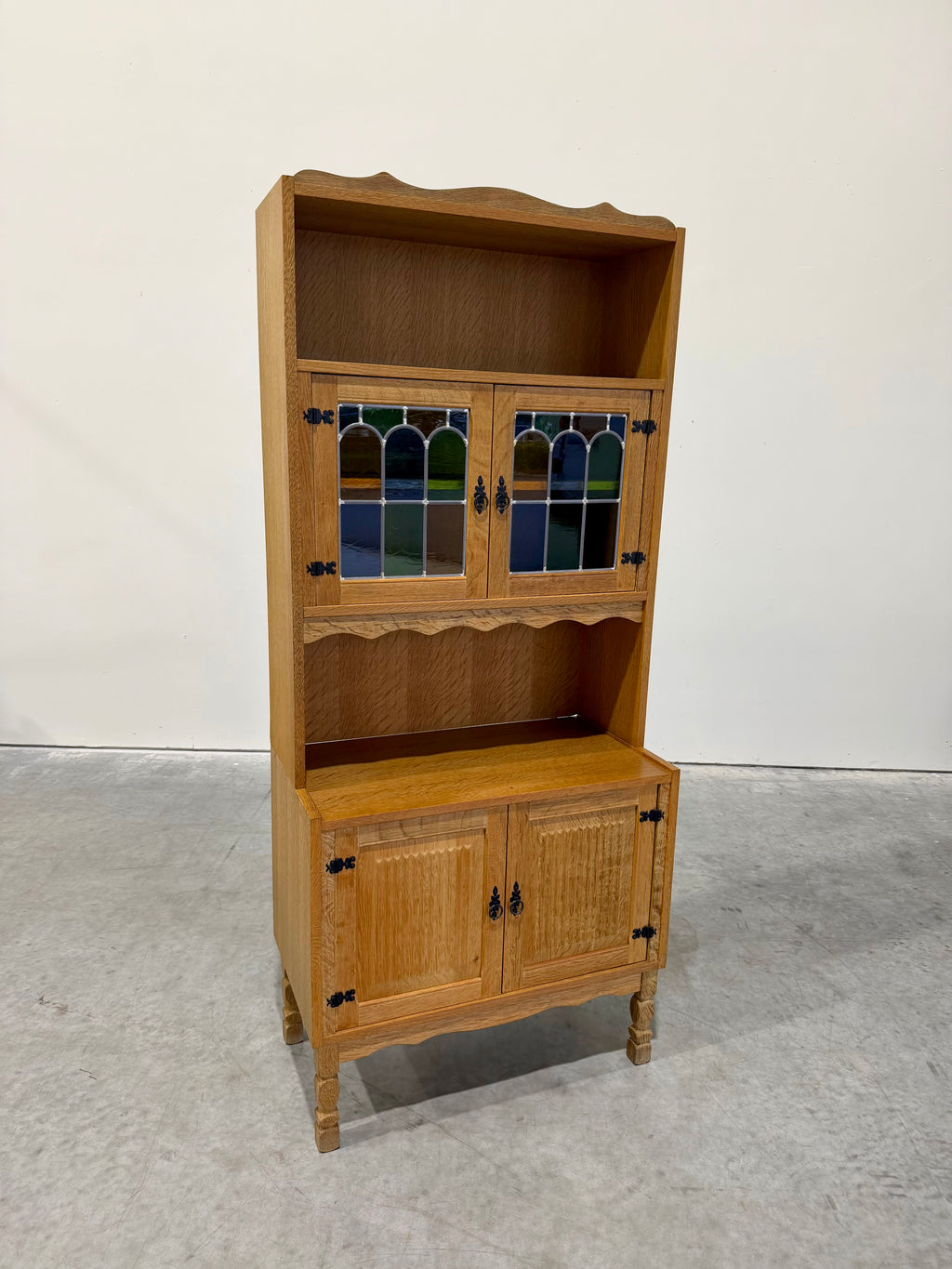 Vintage Henning Kjaernulf Danish Oak and Stained Glass Bookcase Cabinet
