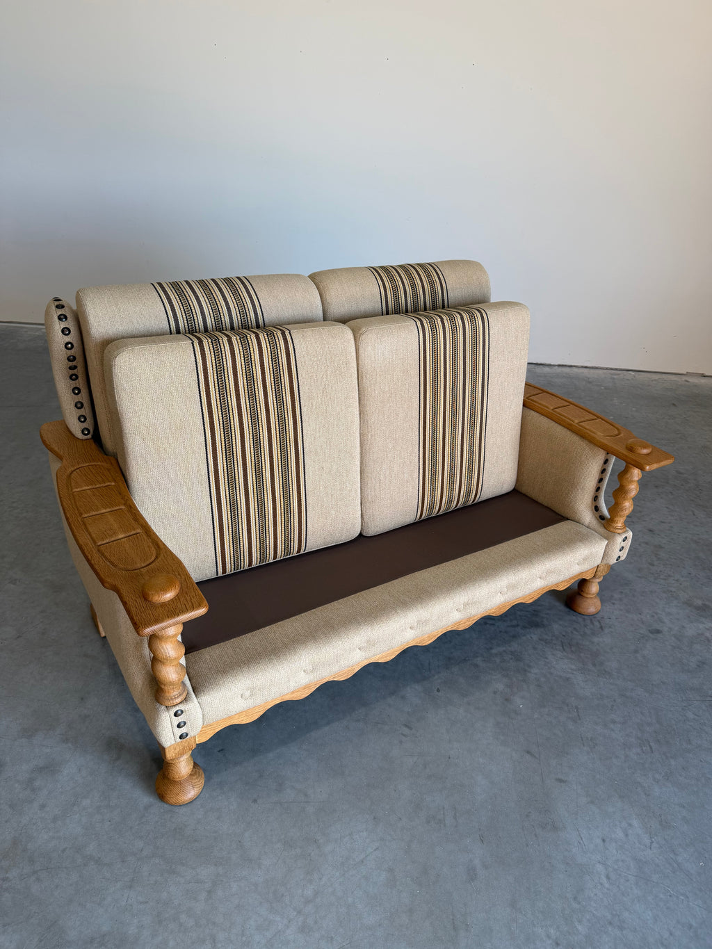 Vintage Henning Kjaernulf Style Danish Wool and Oak Loveseat