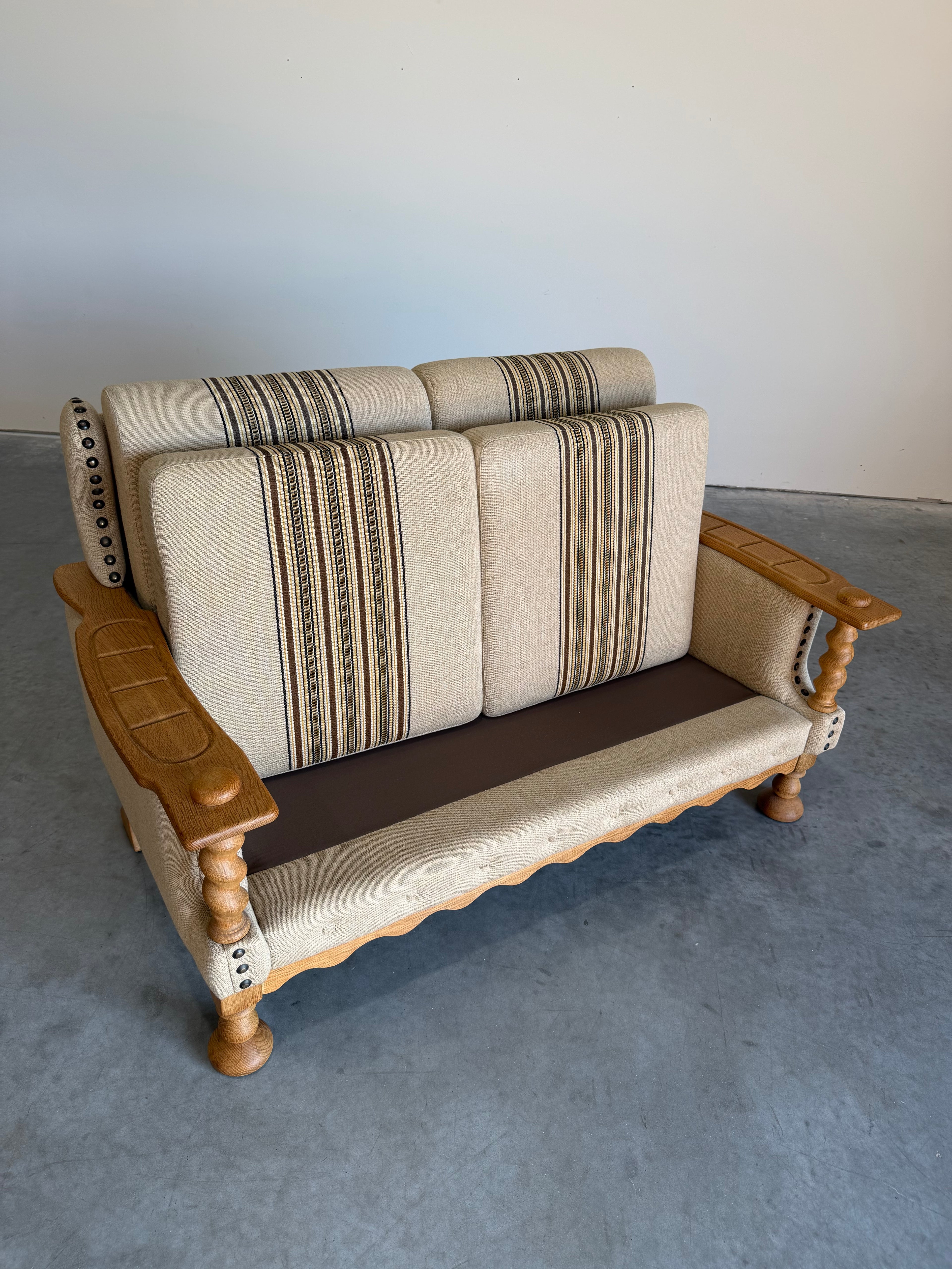 Vintage Henning Kjaernulf Style Danish Wool and Oak Loveseat