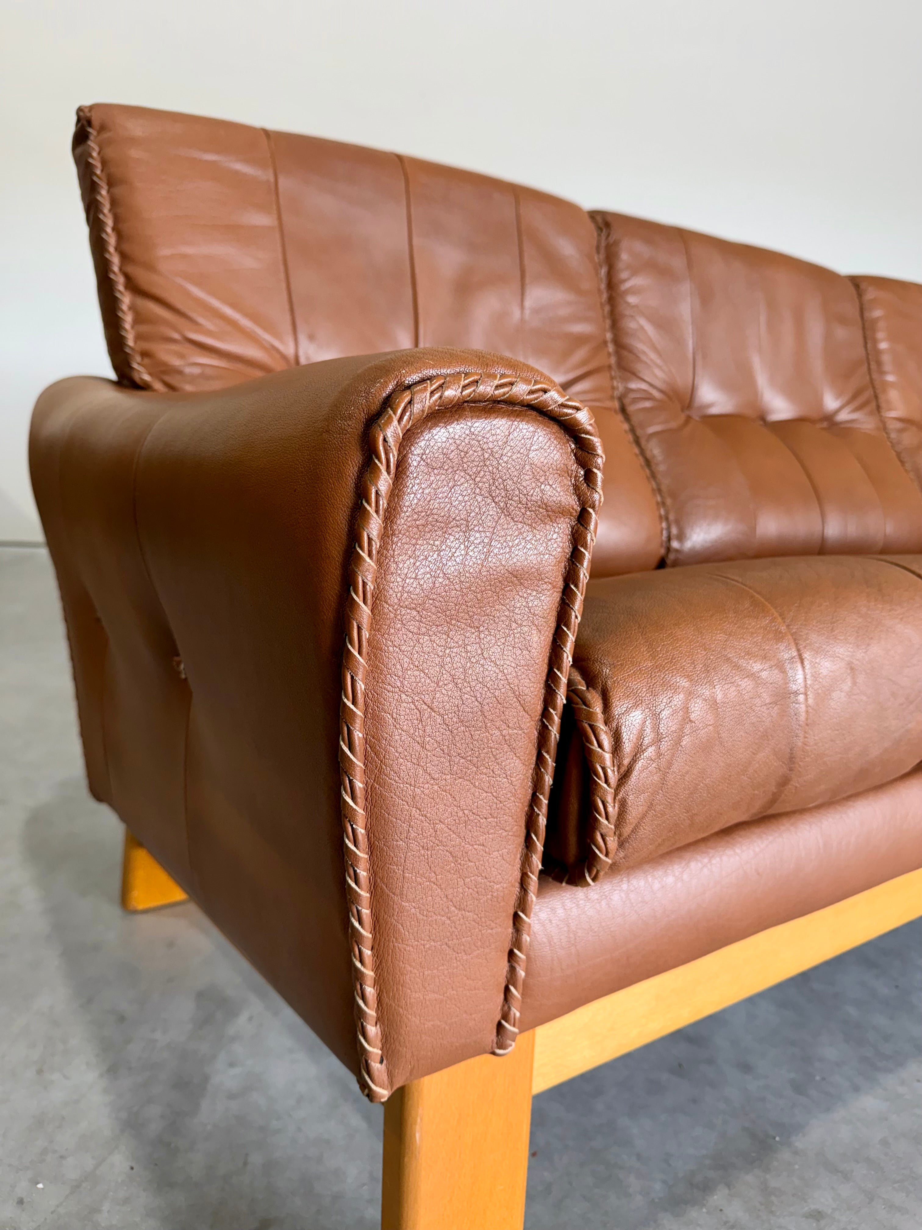 1970’s Danish Caramel Cowboy Leather and Beech 3 Seat Sofa