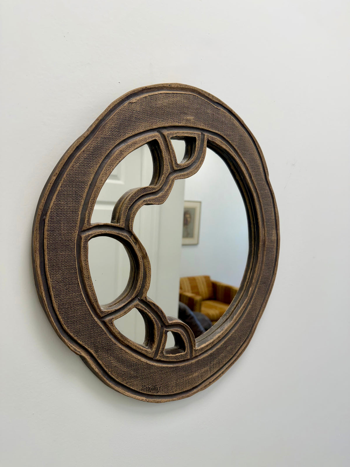 Vintage Brutalist Studio Pottery Wall Mirror, Signed
