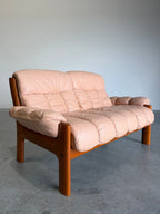 Vintage Ekornes Montana Pale Pink Leather and Teak 2 Seat Sofa