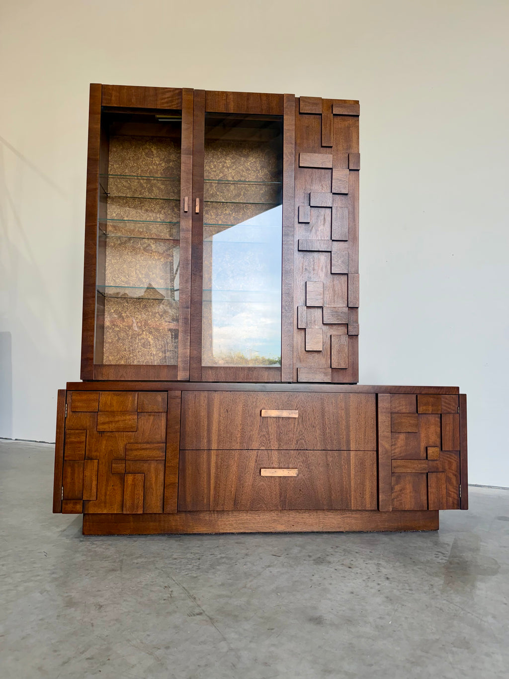 Lane Staccato Brutalist 2pc Hutch Display Cabinet