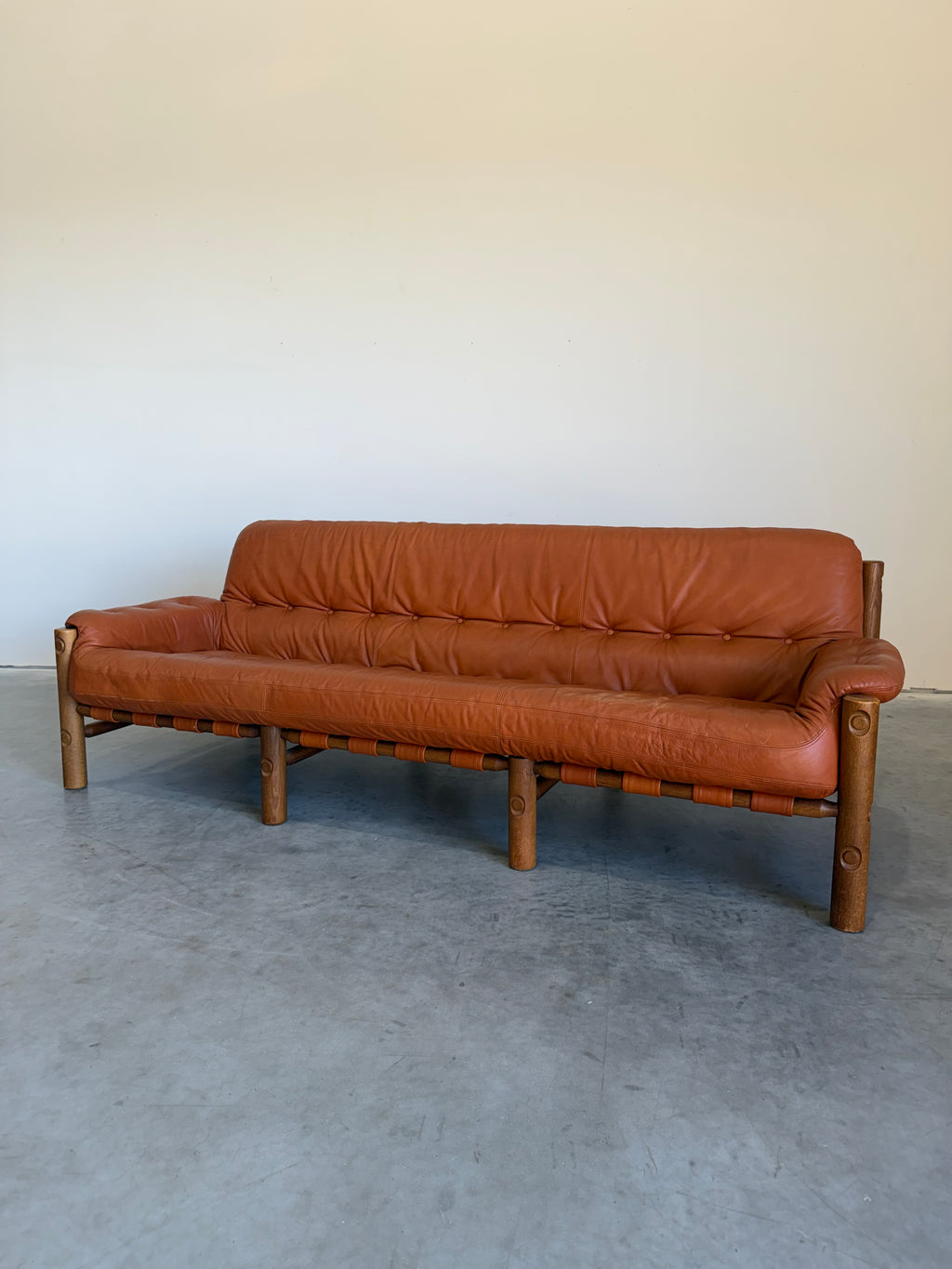 Brazilian Modernist Style Sofa in Cognac Leather and Oak