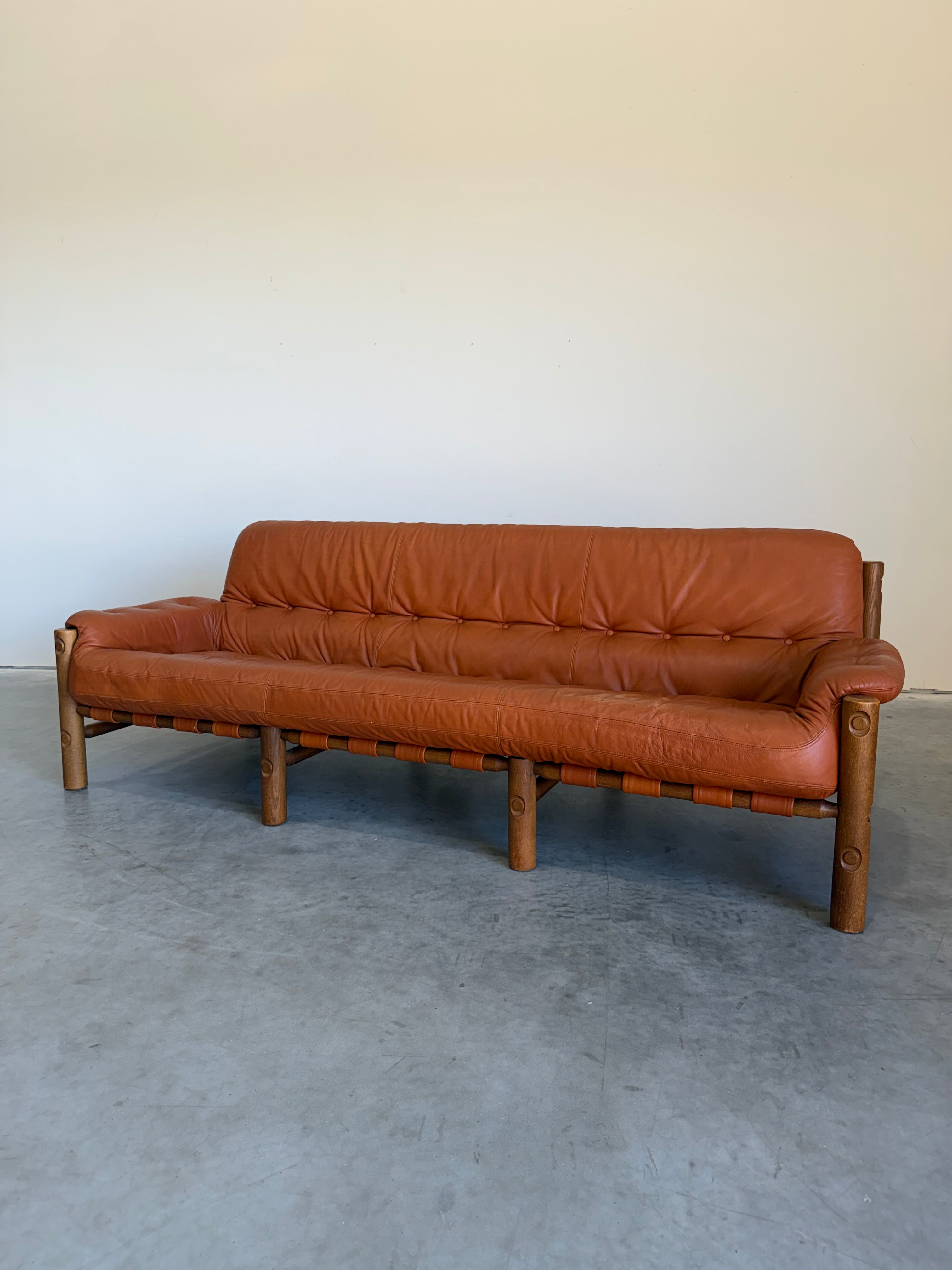 Brazilian Modernist Style Sofa in Cognac Leather and Oak