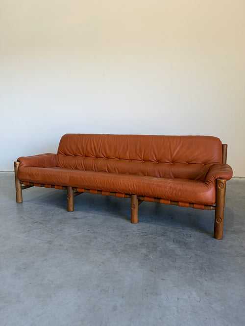 Brazilian Modernist Style Sofa in Cognac Leather and Oak