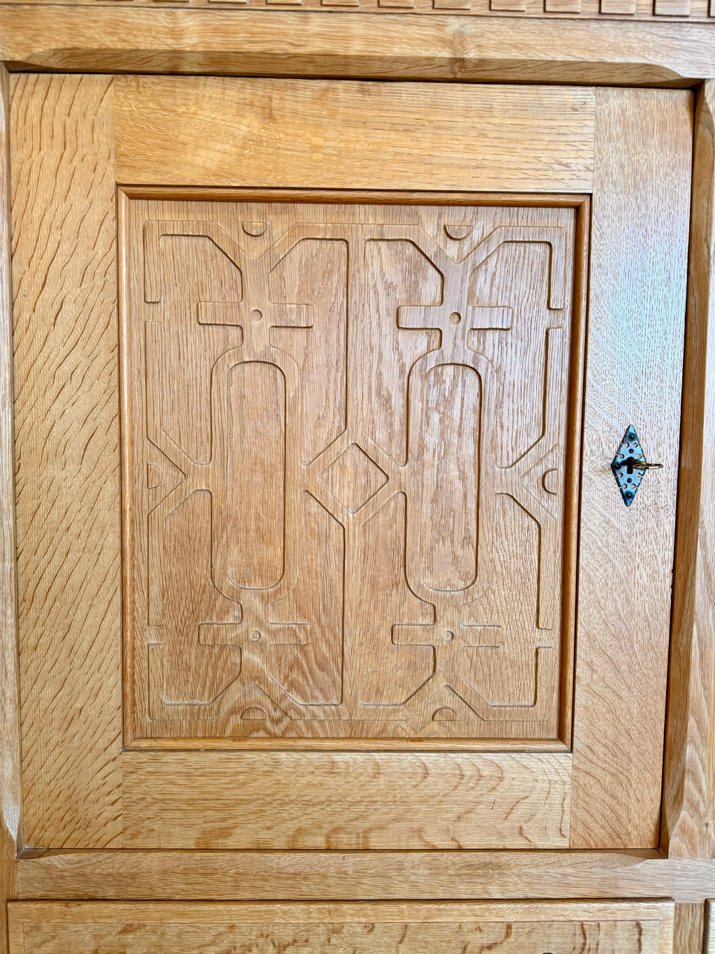 Mid Century Danish Oak Henning Kjaernulf Style Carved Front Tall Sideboard