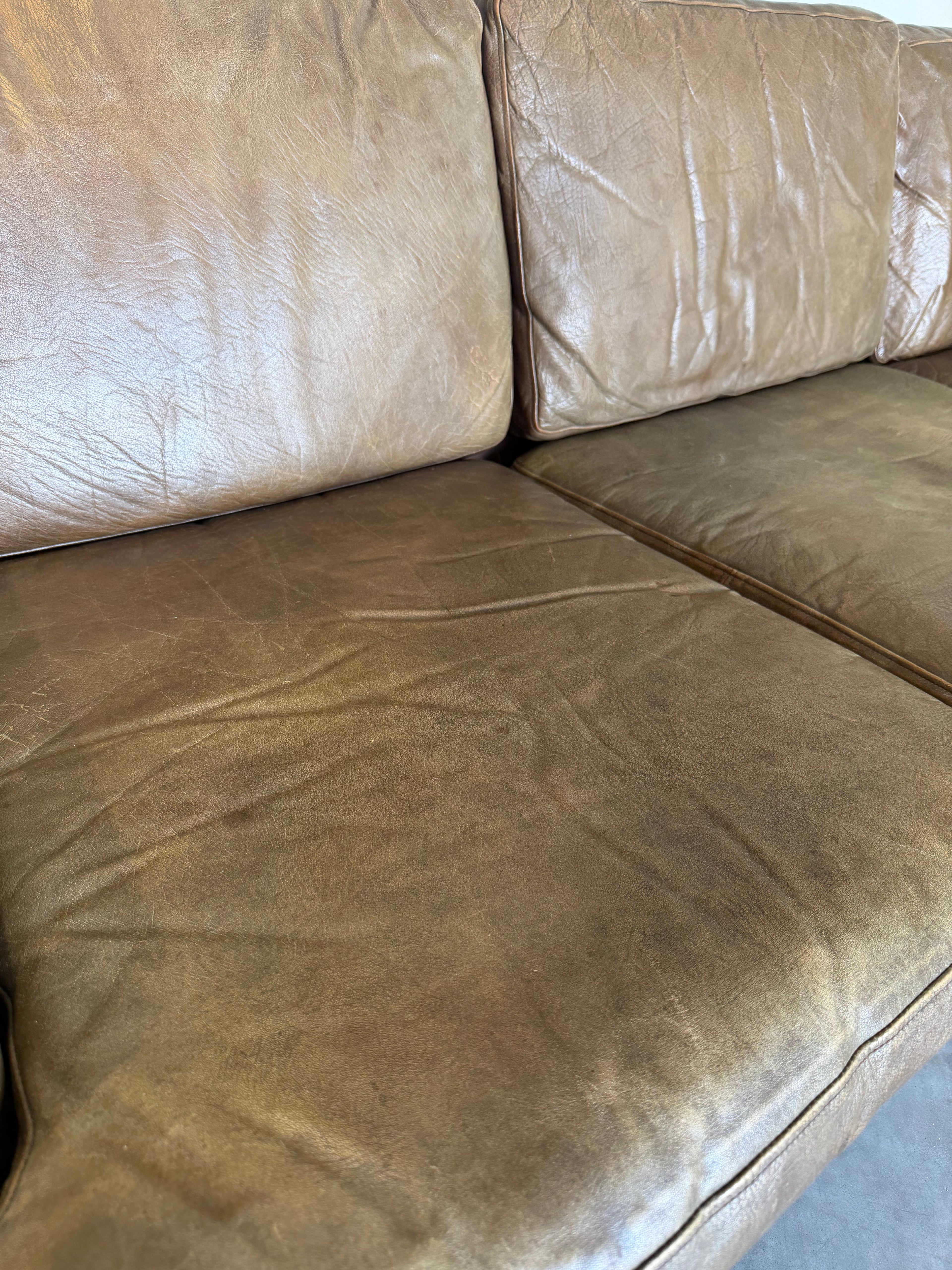 Mid Century Swedish Arne Norell Style Olive Leather and Rosewood Sofa