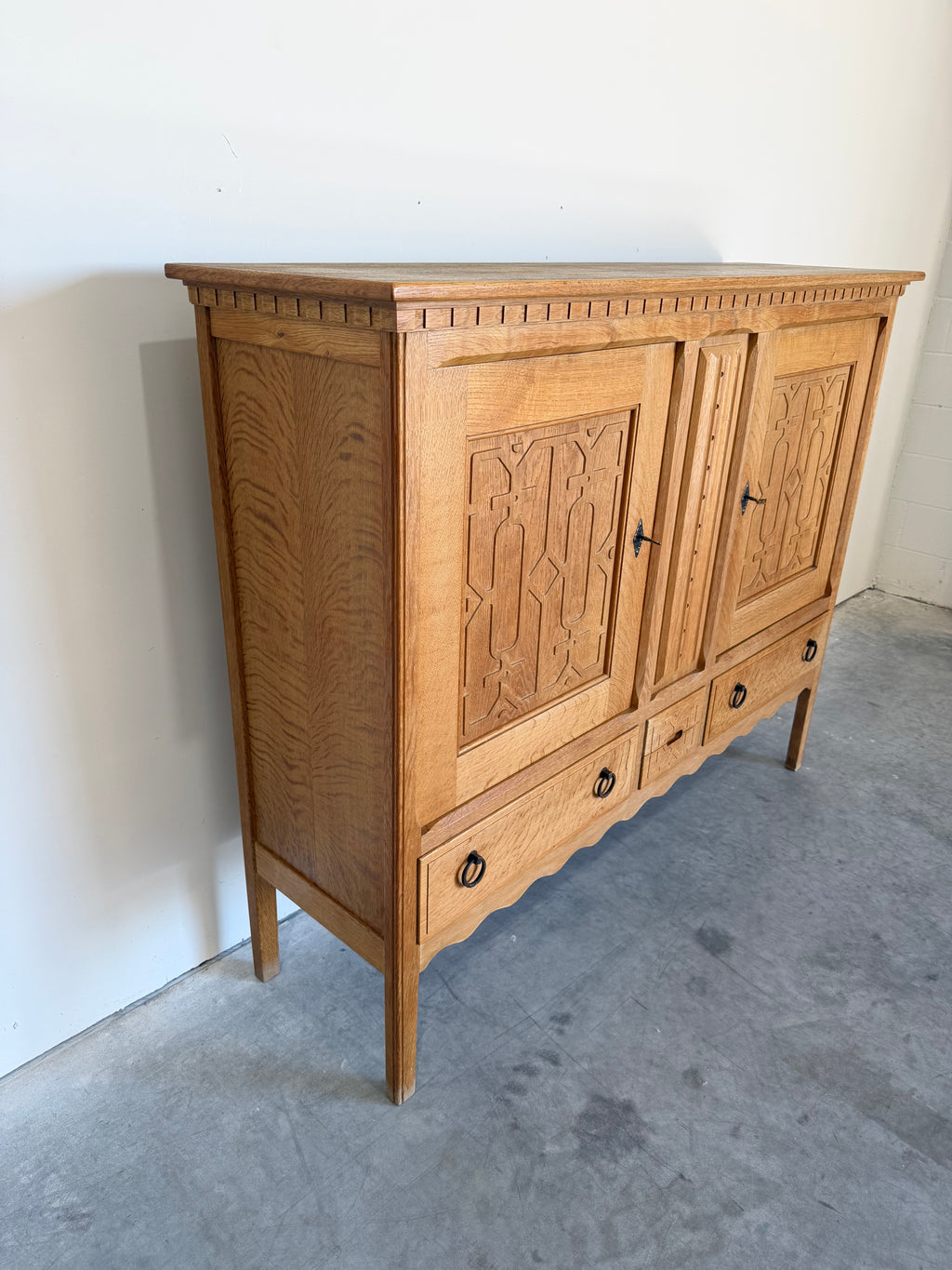 Mid Century Danish Oak Henning Kjaernulf Style Carved Front Tall Sideboard