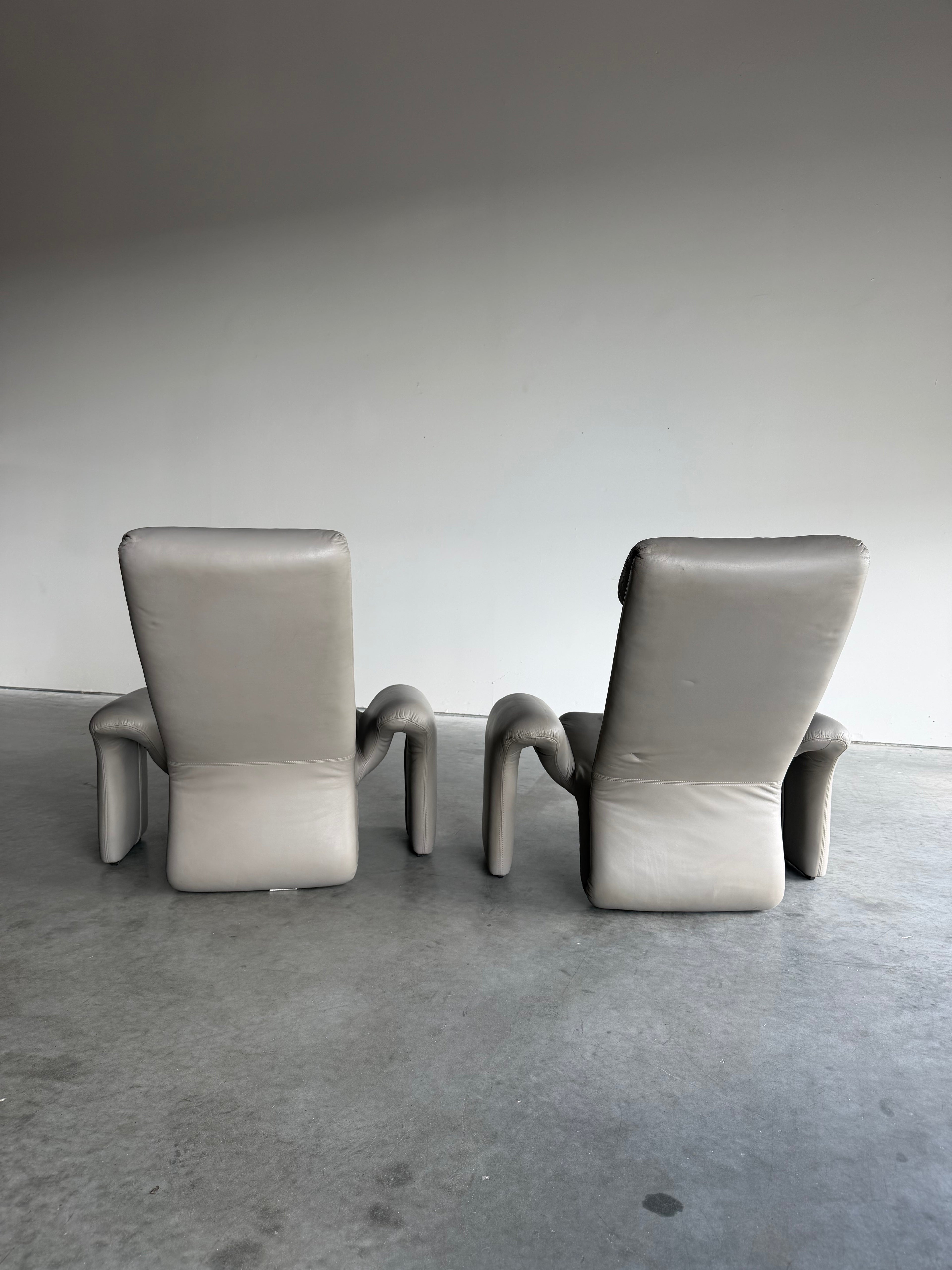 Vintage Sculptural Post Modern Gray Leather Lounge Chair Pair