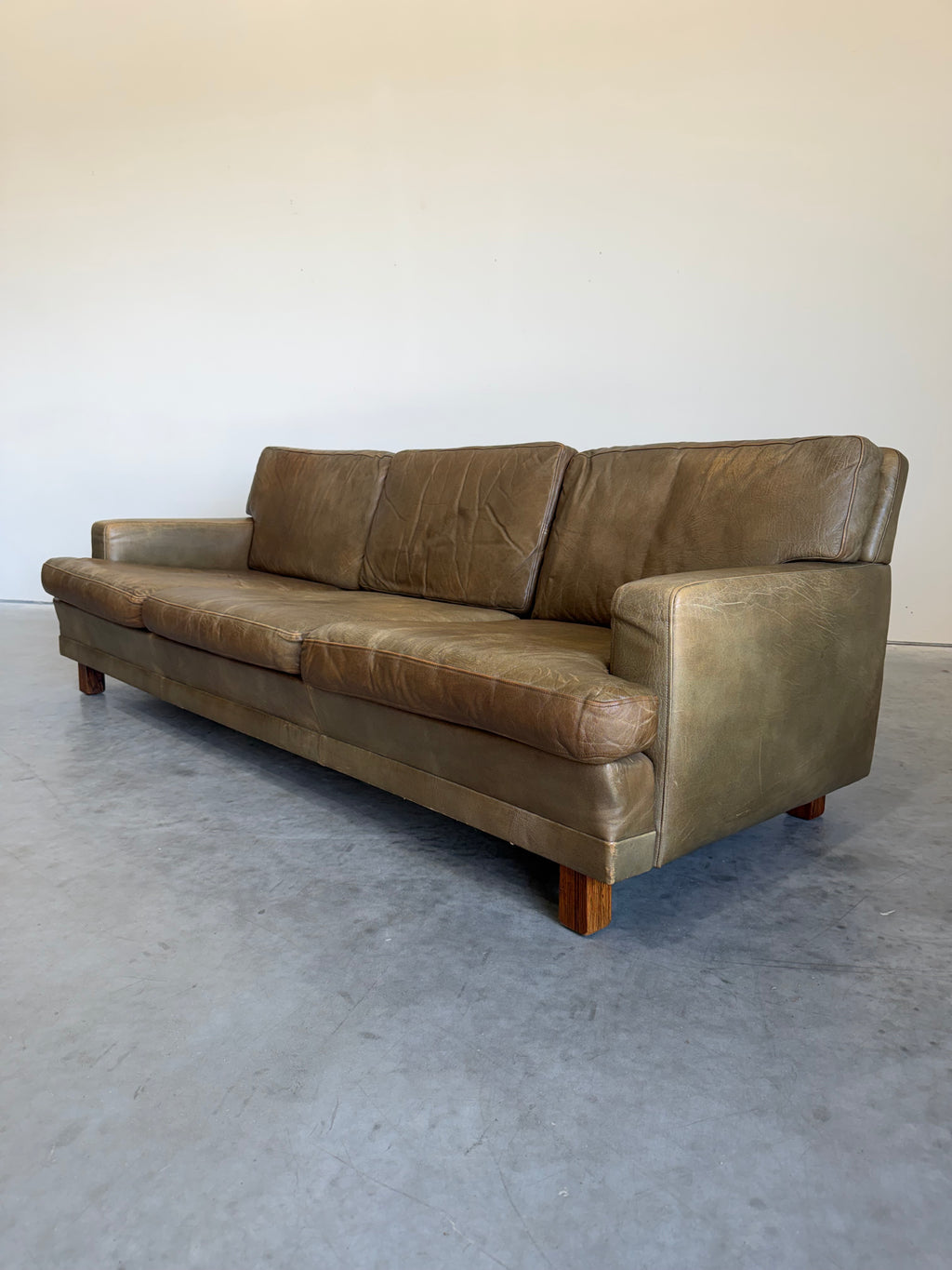Mid Century Swedish Arne Norell Style Olive Leather and Rosewood Sofa