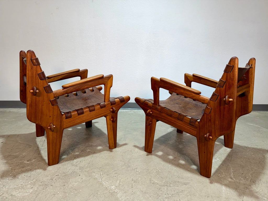 Pair of Mid Century Hand Tooled Leather Angel Pazmino Safari Lounge Chairs