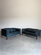 Vintage Navy Leather 2 Seat Sofa by Borge Mogensen