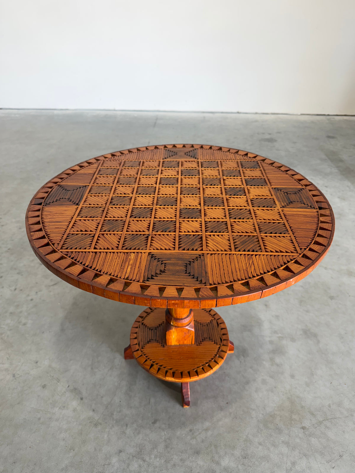 Vintage Tramp Art Chess Top Occasional Side Table, Matchstick Style