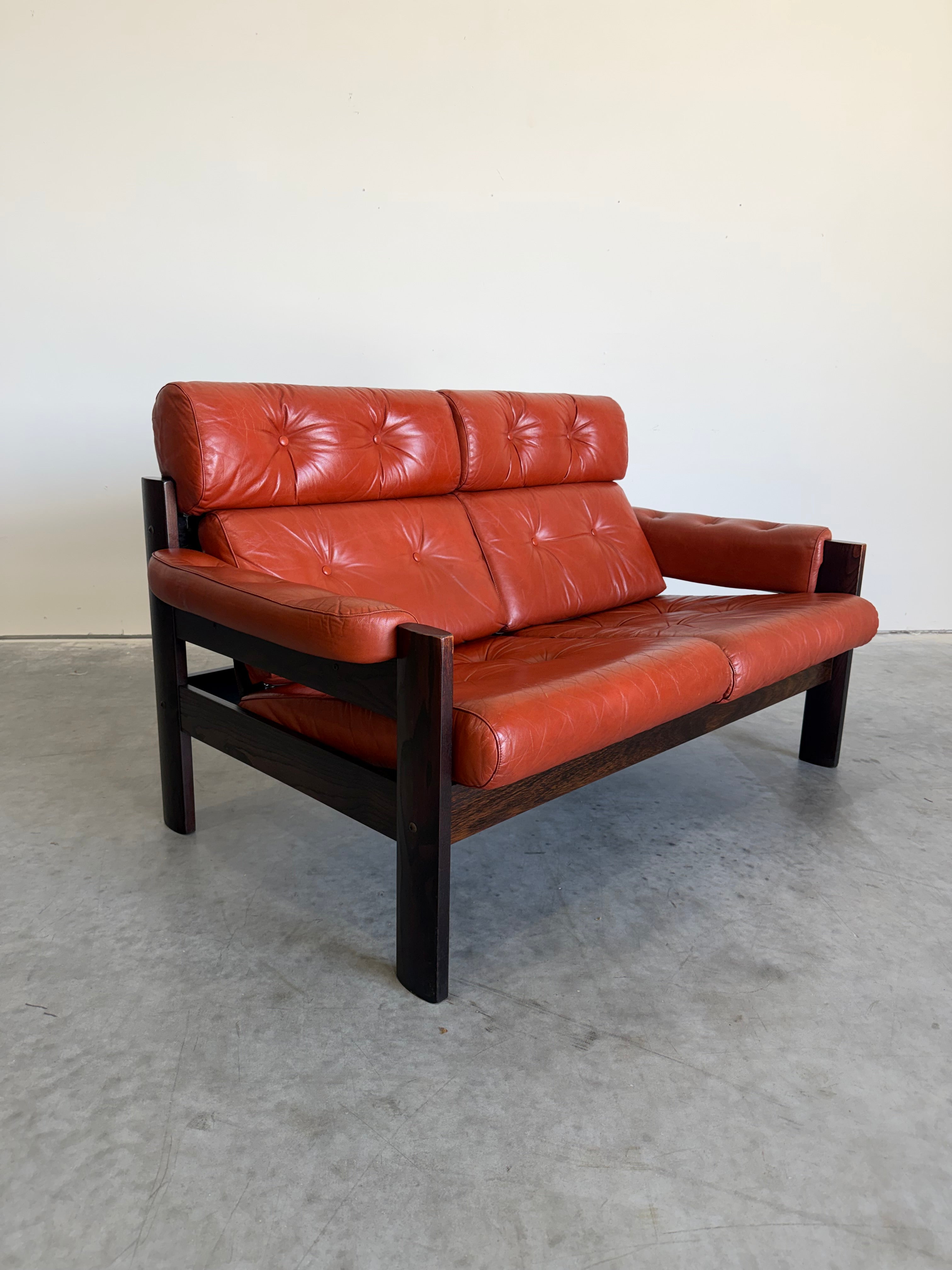 Vintage 2 Seat Orange Leather Sofa by Ekornes Norway