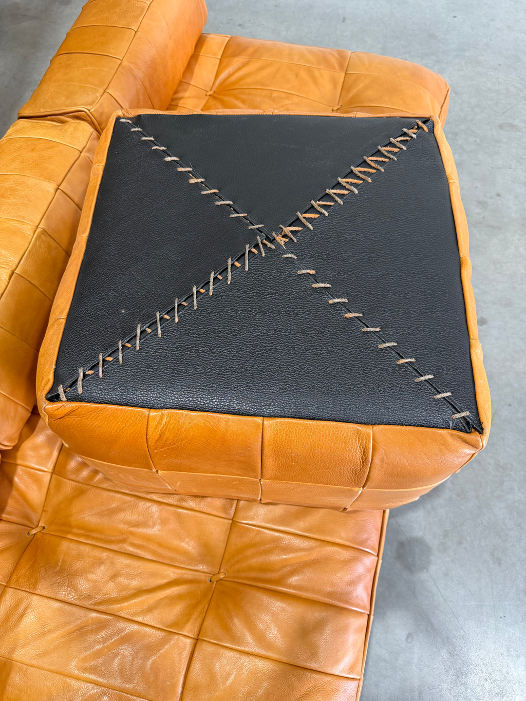 Vintage De Sede Patchwork Cube Pouf Ottoman in Cognac Leather c.1970’s Switzerland