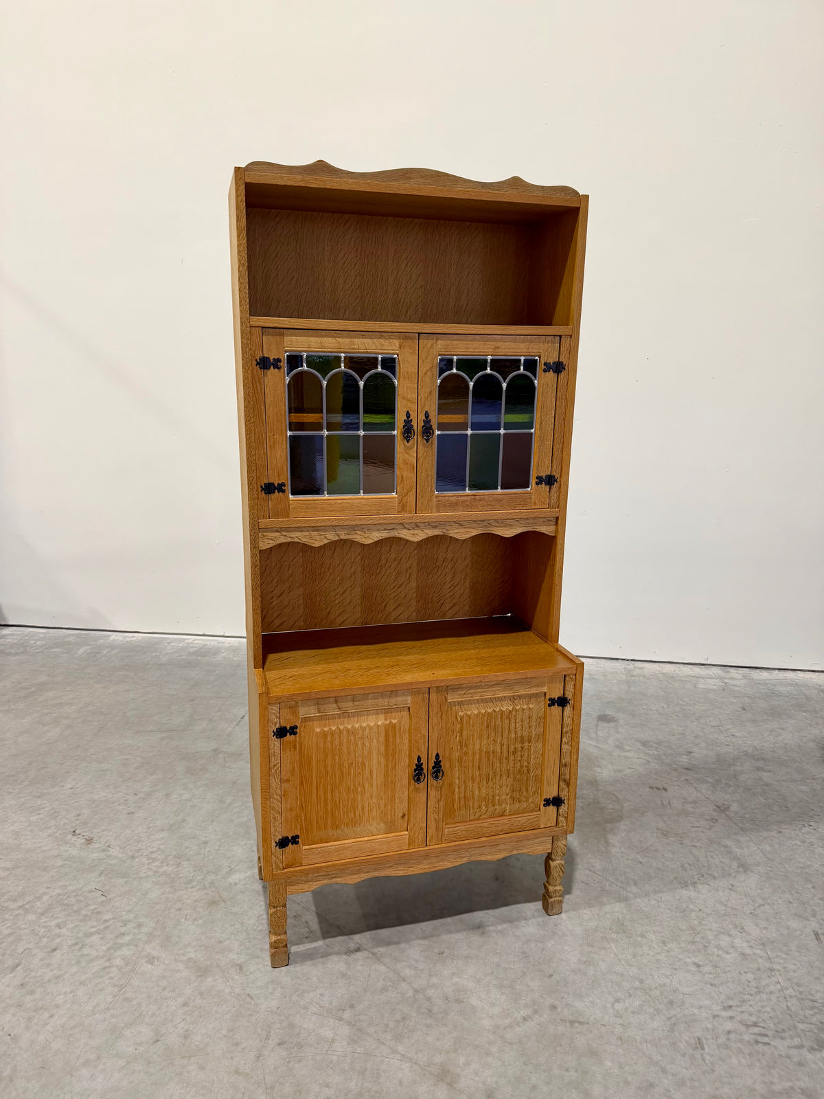 Vintage Henning Kjaernulf Danish Oak and Stained Glass Bookcase Cabinet