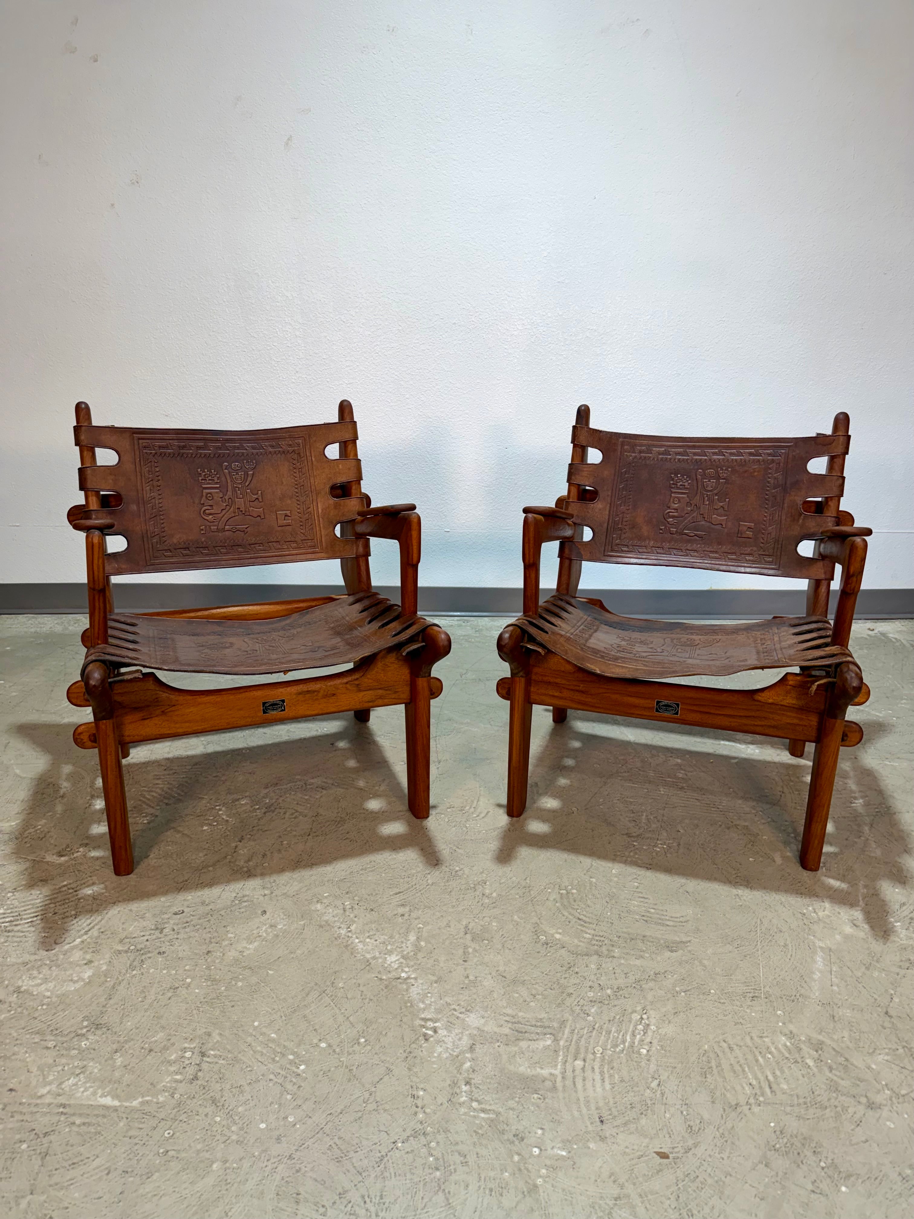 Pair of Mid Century Hand Tooled Leather Angel Pazmino Safari Lounge Chairs