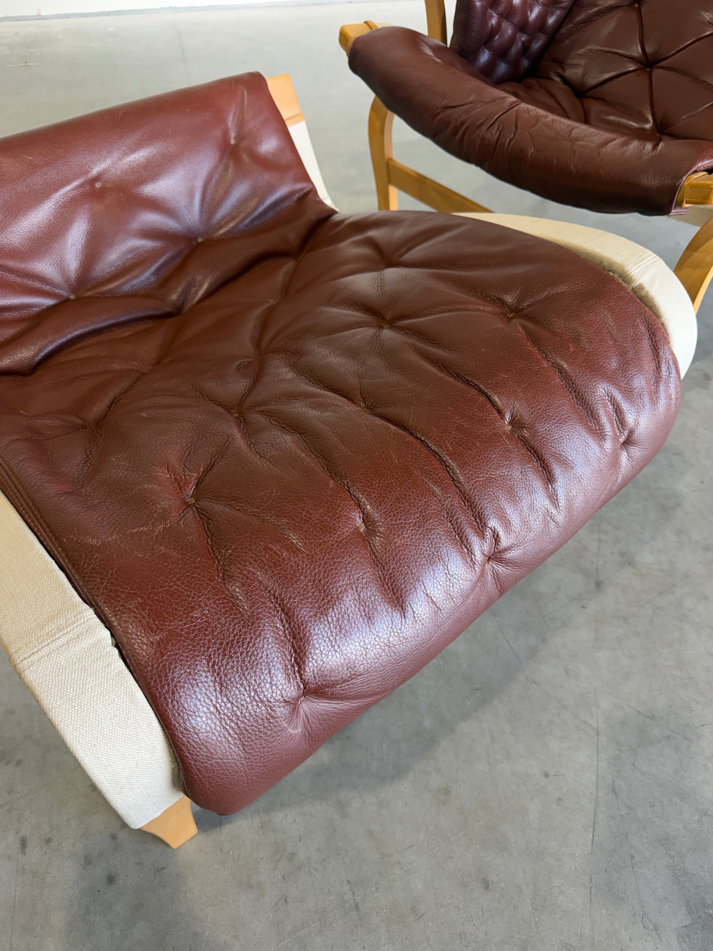 Bruno Mathsson for DUX Brown Leather Pernilla Lounge Chair and Ottoman