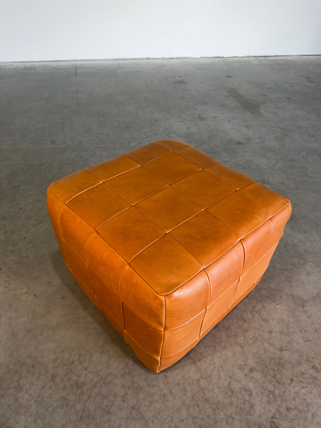 Vintage De Sede Patchwork Cube Pouf Ottoman in Cognac Leather c.1970’s Switzerland
