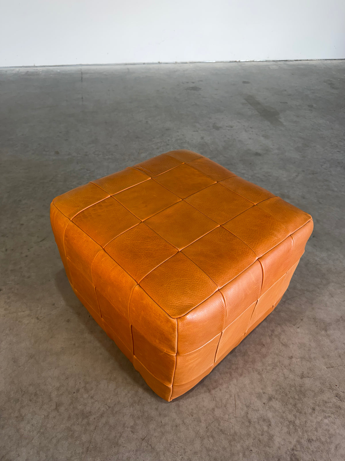 Vintage De Sede Patchwork Cube Pouf Ottoman in Cognac Leather c.1970’s Switzerland