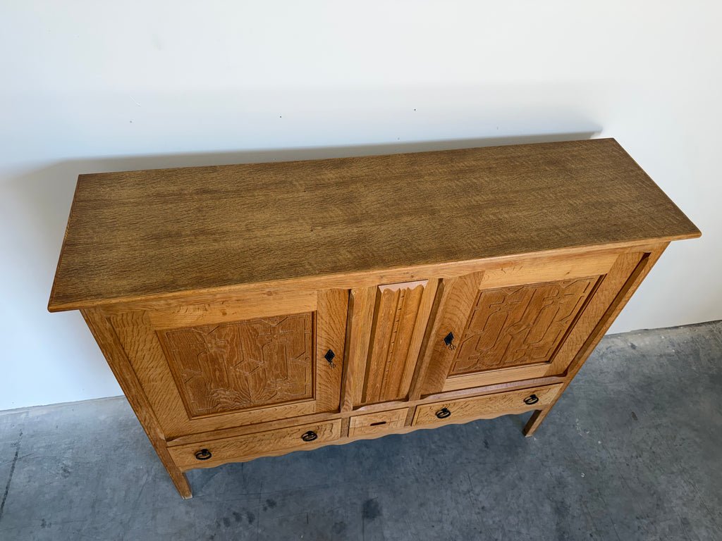 Mid Century Danish Oak Henning Kjaernulf Style Carved Front Tall Sideboard