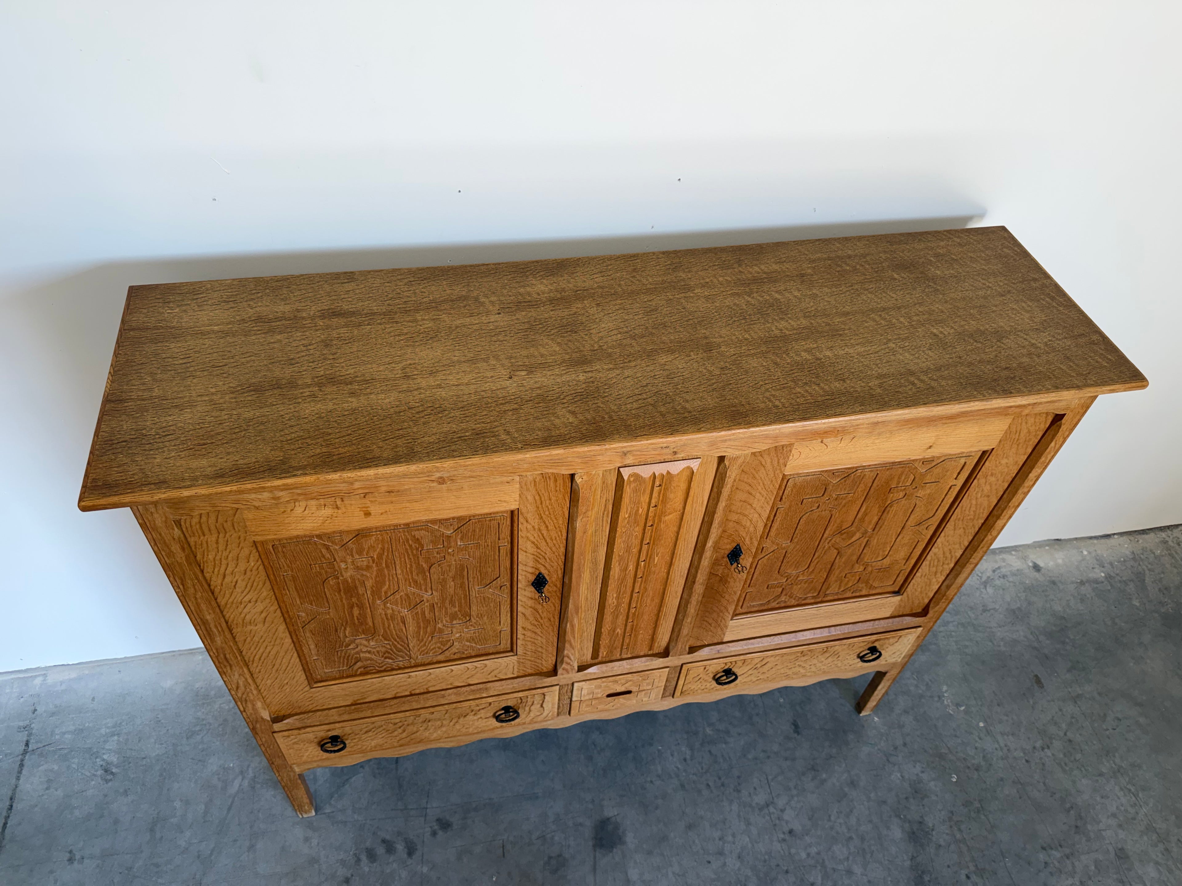 Mid Century Danish Oak Henning Kjaernulf Style Carved Front Tall Sideboard