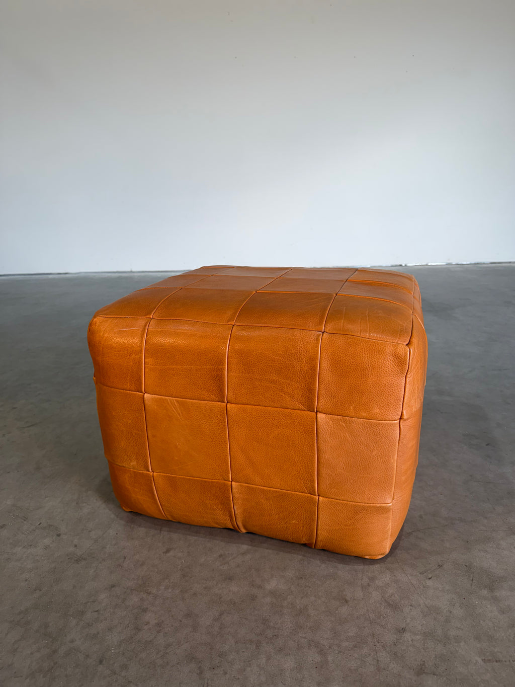 Vintage De Sede Patchwork Cube Pouf Ottoman in Cognac Leather c.1970’s Switzerland