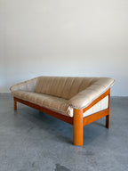 Vintage Norwegian Beige Leather and Teak Sofa by Hjellegjerde Møbler