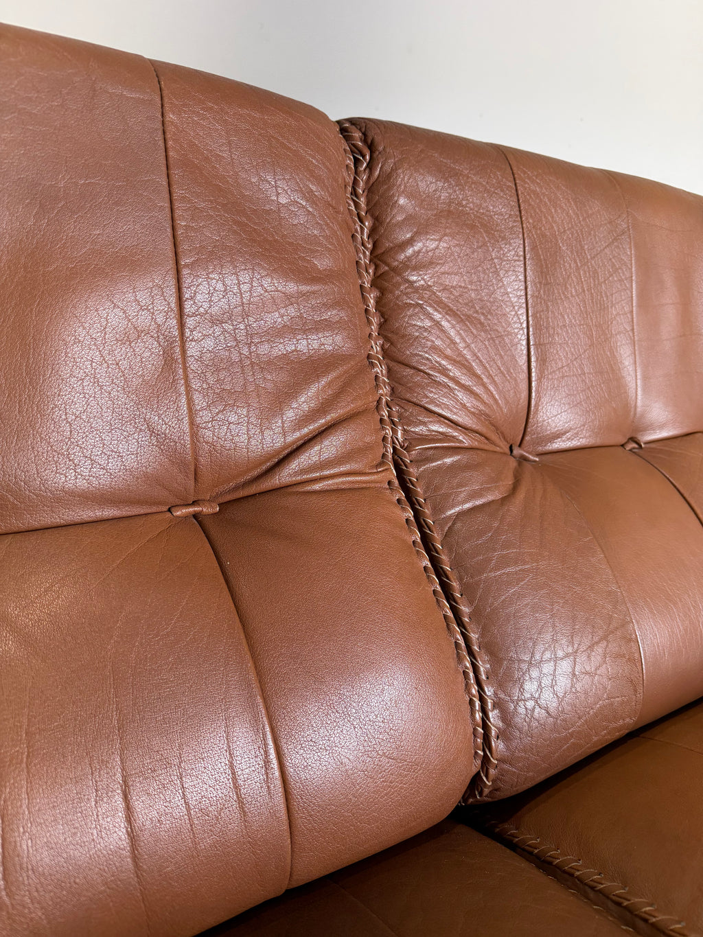 1970’s Danish Caramel Cowboy Leather and Beech 3 Seat Sofa