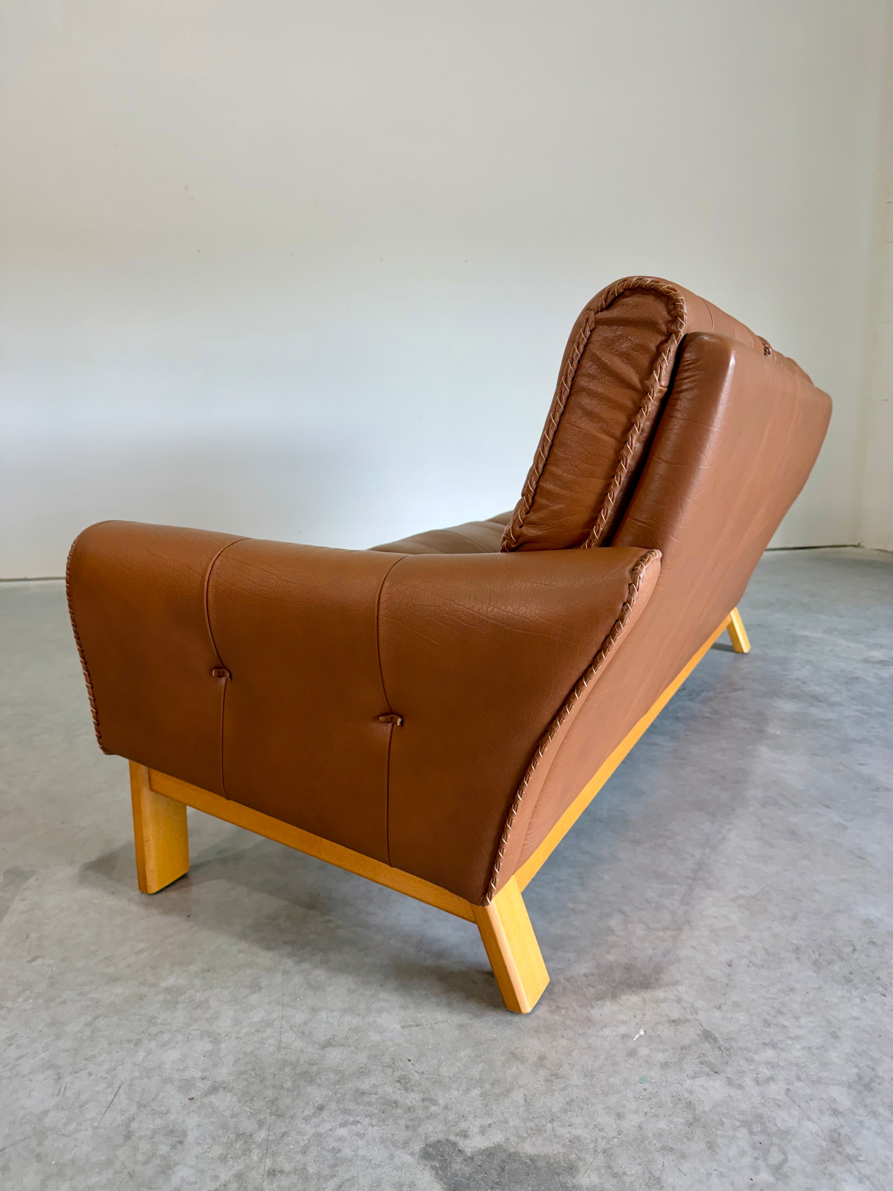 1970’s Danish Caramel Cowboy Leather and Beech 3 Seat Sofa
