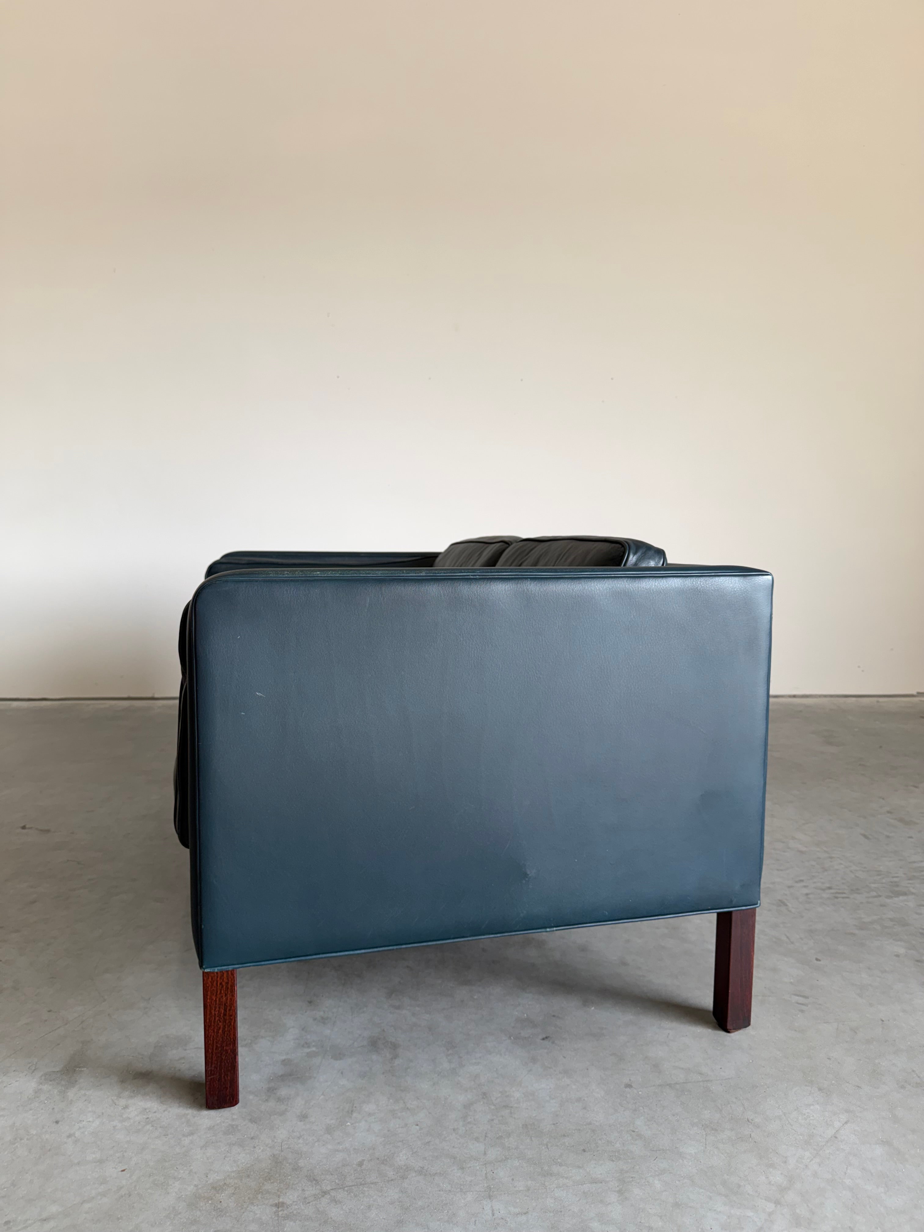 Vintage Navy Leather 2 Seat Sofa by Borge Mogensen