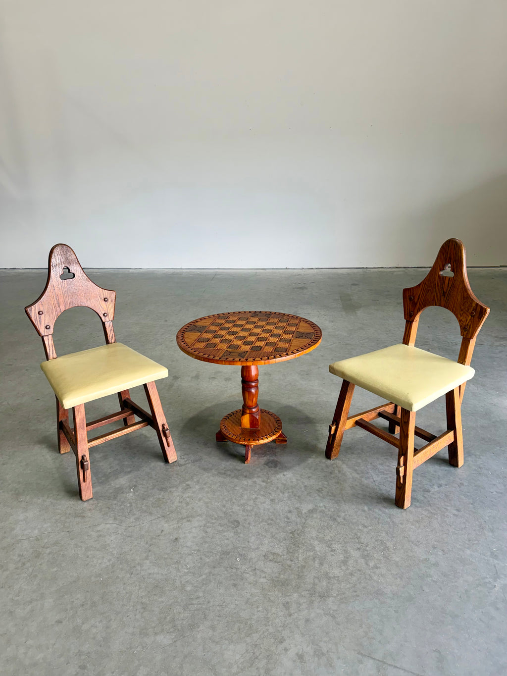 Vintage Tramp Art Chess Top Occasional Side Table, Matchstick Style