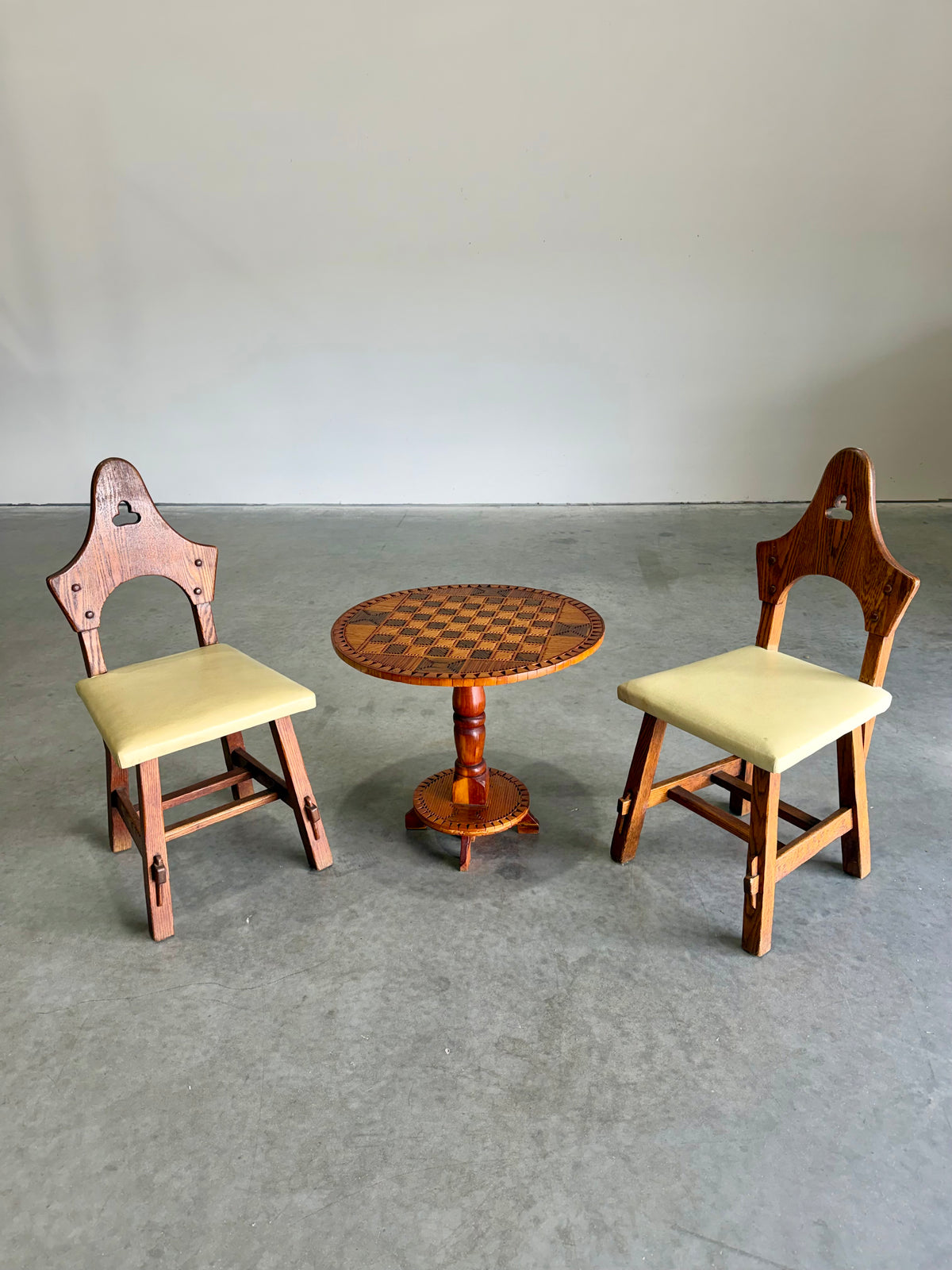 Vintage Tramp Art Chess Top Occasional Side Table, Matchstick Style