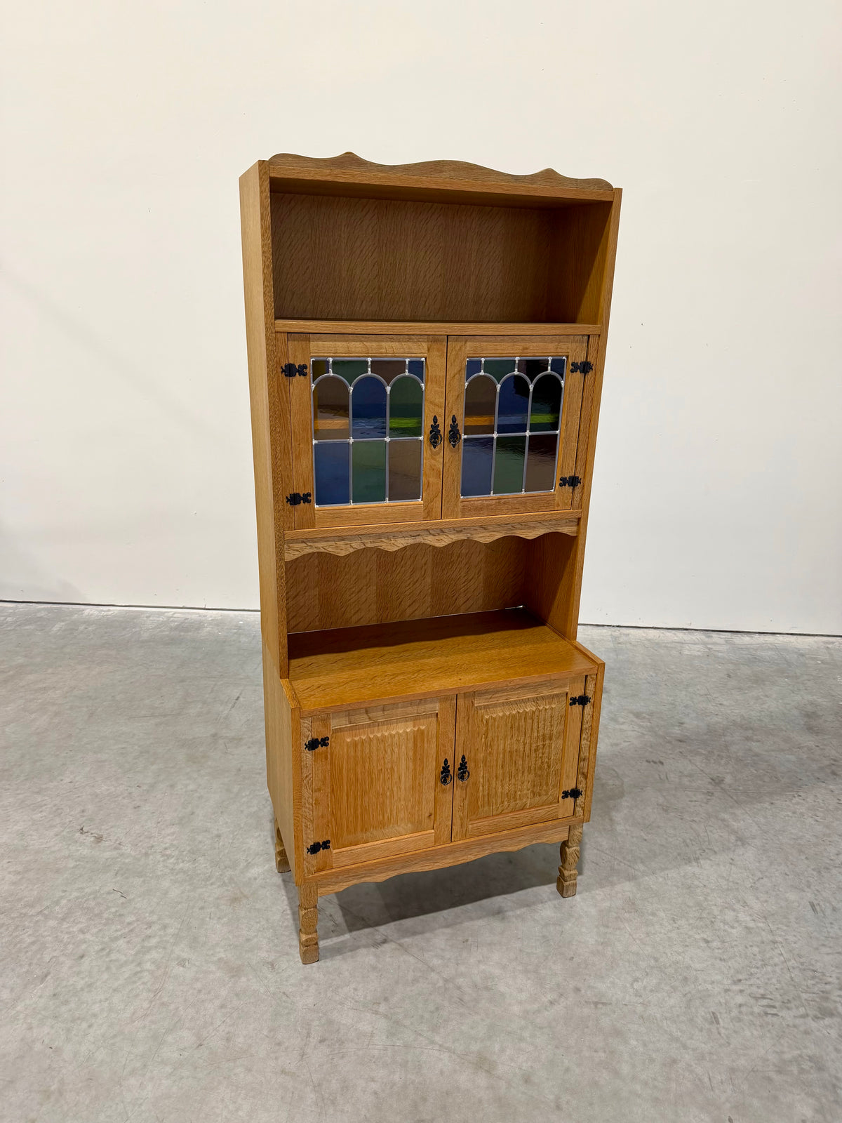 Vintage Henning Kjaernulf Danish Oak and Stained Glass Bookcase Cabinet
