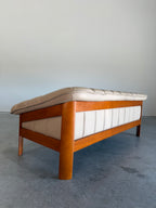 Vintage Norwegian Beige Leather and Teak Sofa by Hjellegjerde Møbler