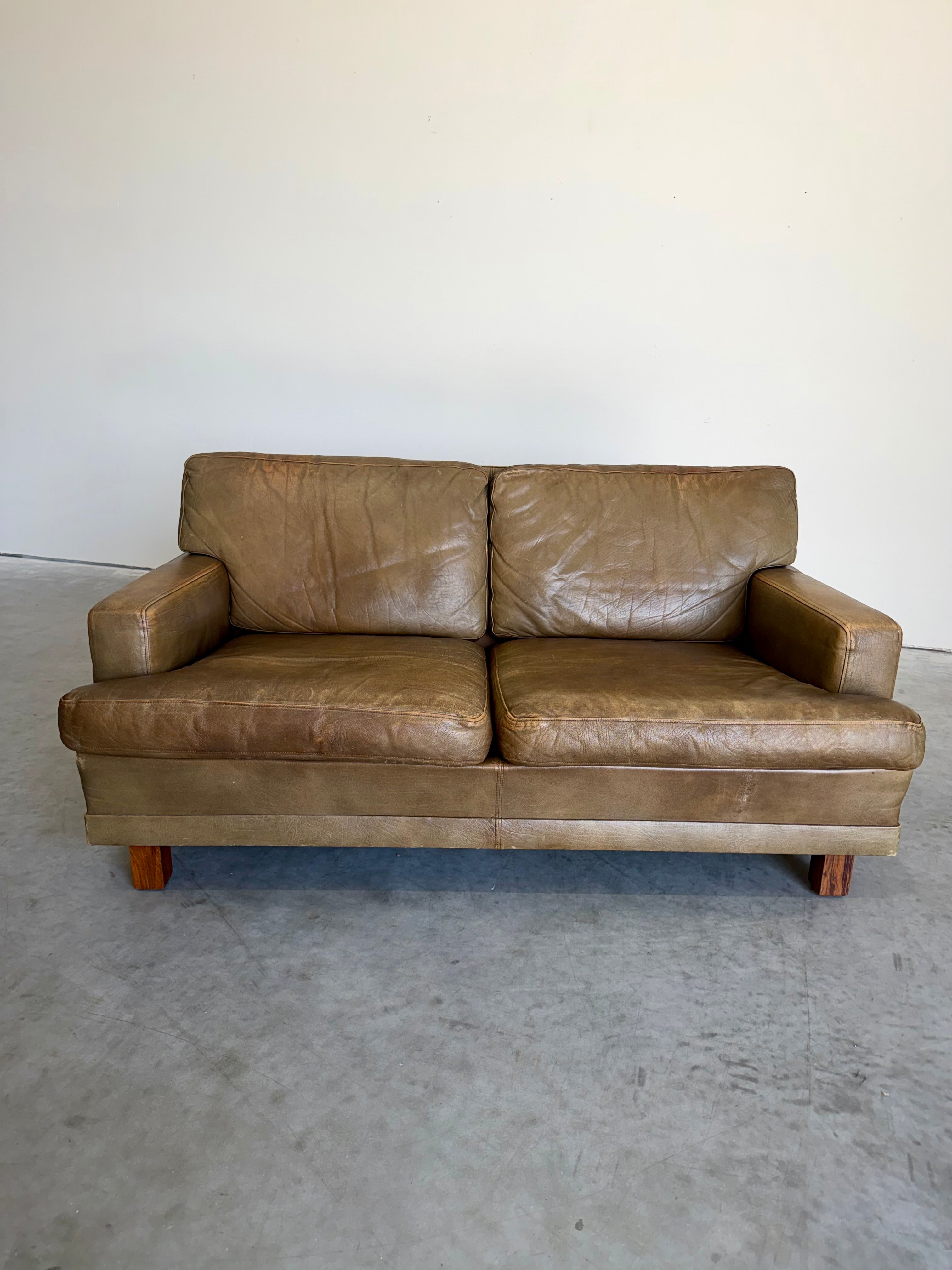 Mid Century Swedish Arne Norell Style Olive Leather and Rosewood Loveseat