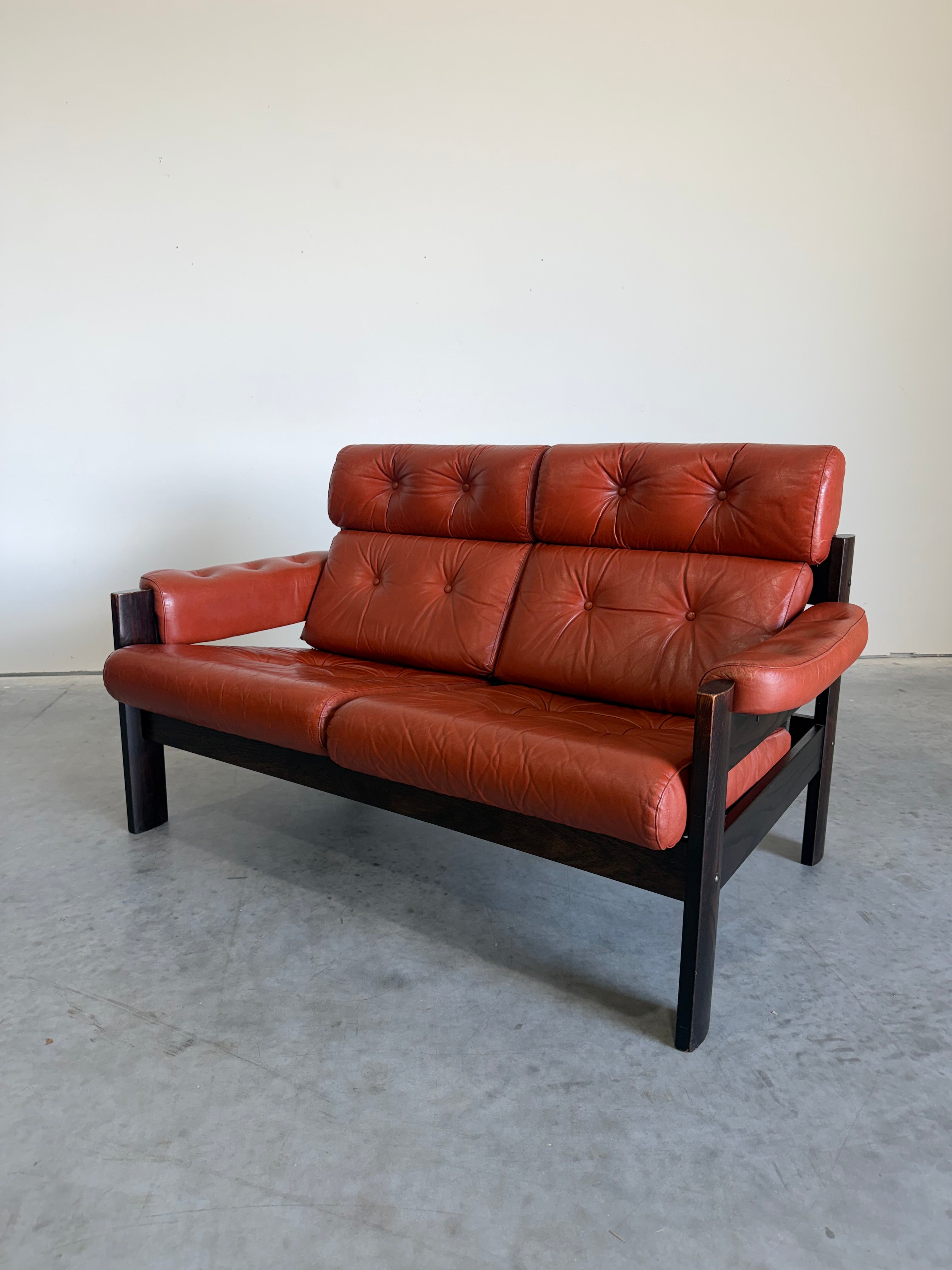 Vintage 2 Seat Orange Leather Sofa by Ekornes Norway