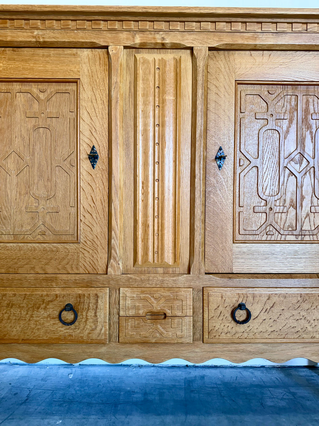 Mid Century Danish Oak Henning Kjaernulf Style Carved Front Tall Sideboard