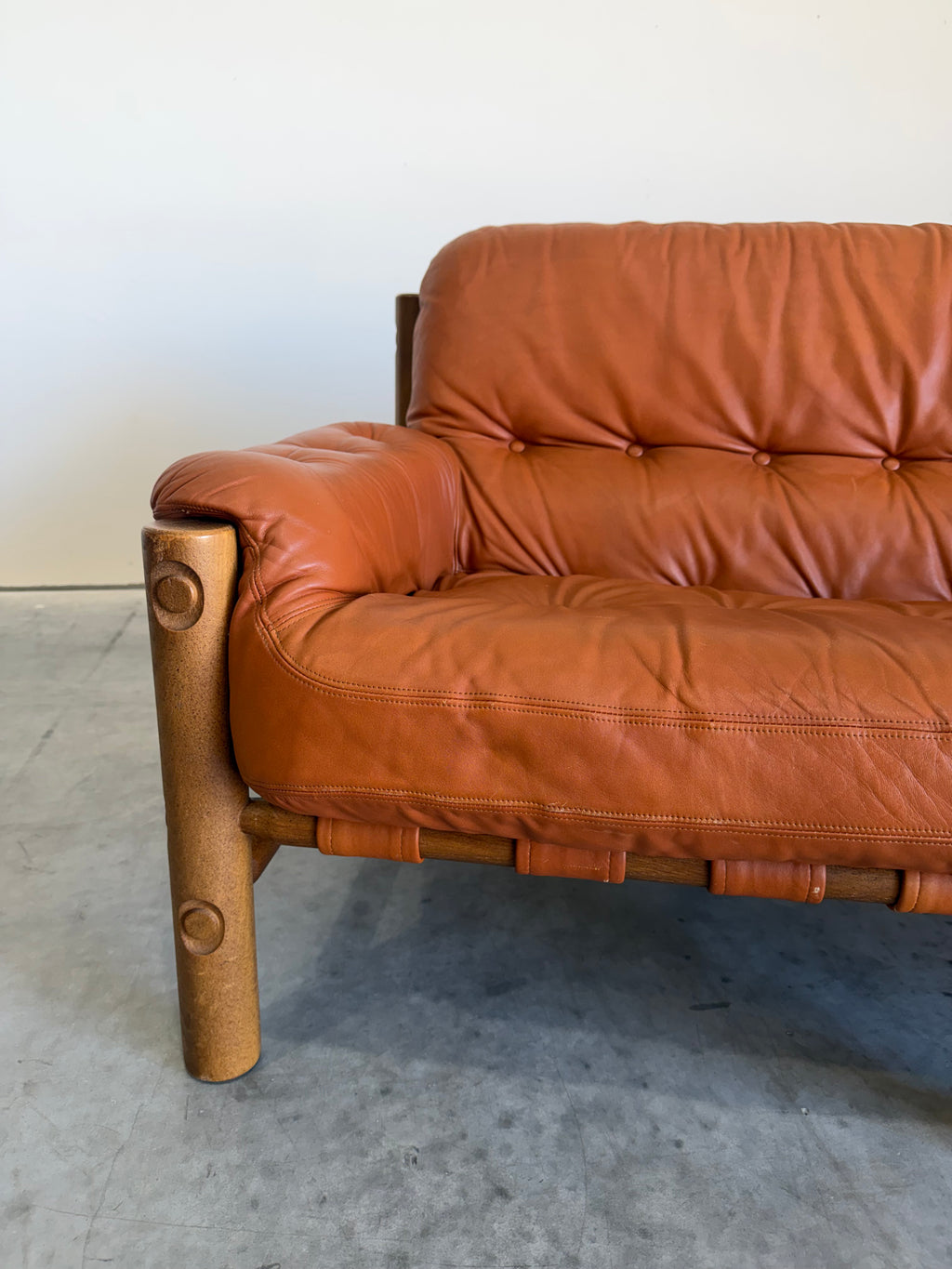 Brazilian Modernist Style Sofa in Cognac Leather and Oak